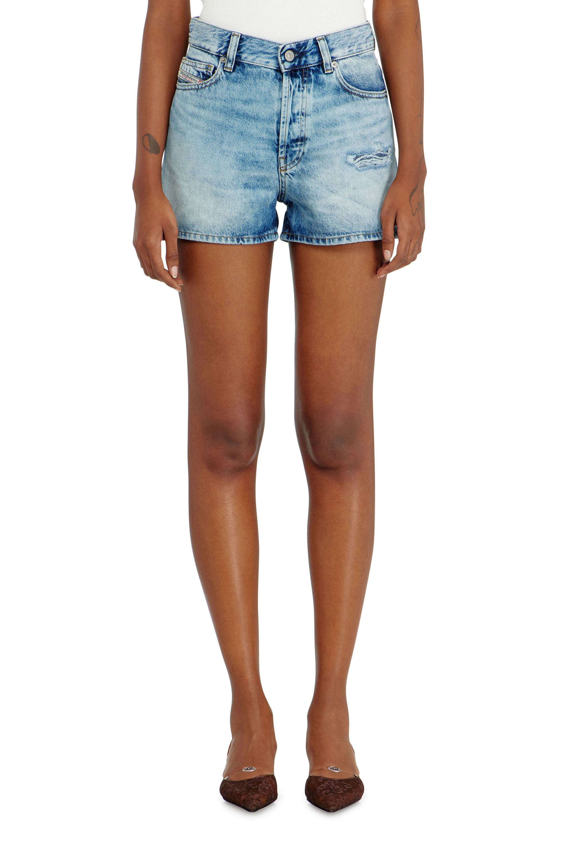 Diesel - Shorts in fluid denim with abrasions - Shorts - Woman - Blue