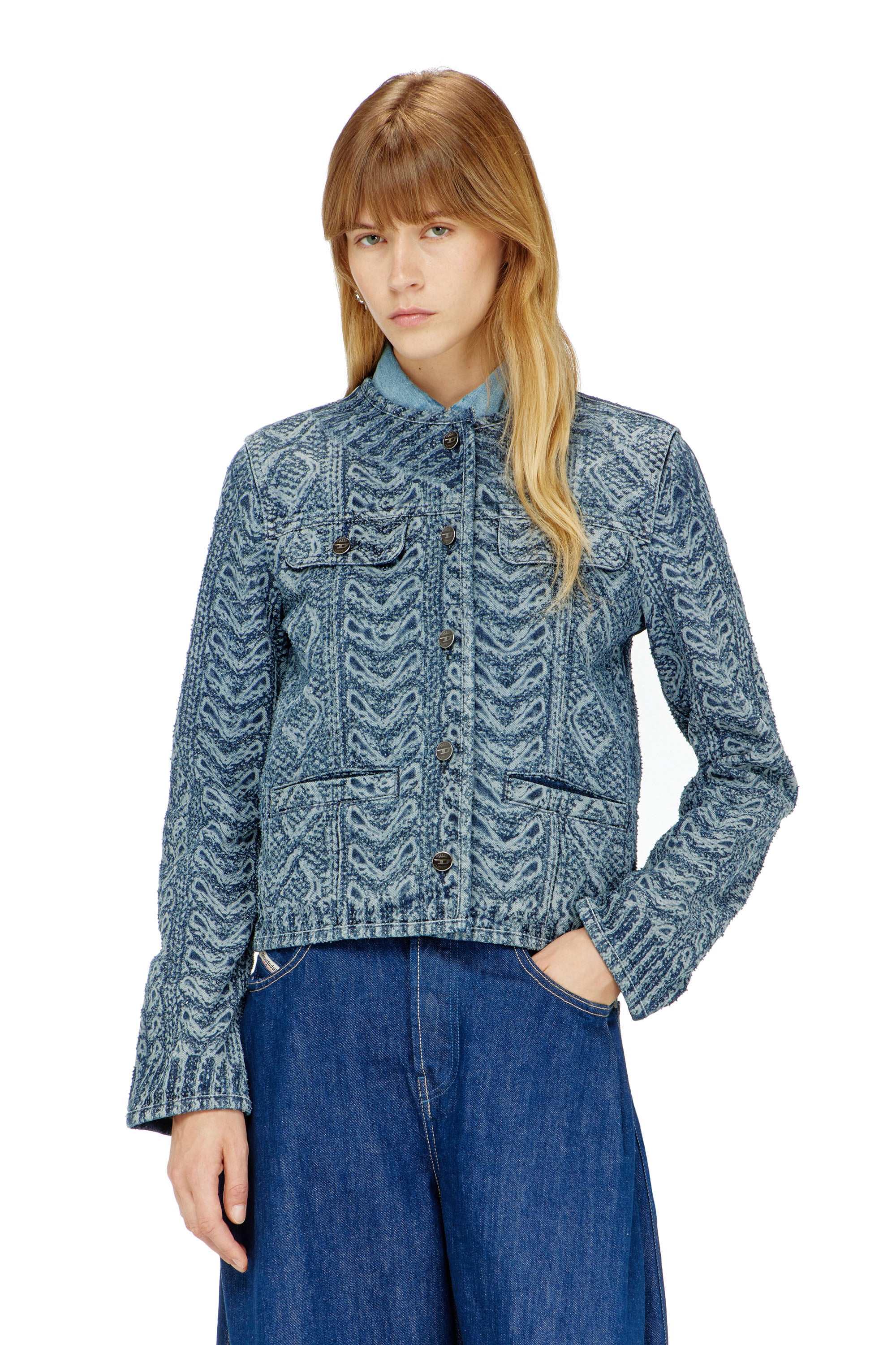 Diesel - Collarless jacket in cable-knit-effect denim - Denim Jackets - Woman - Blue