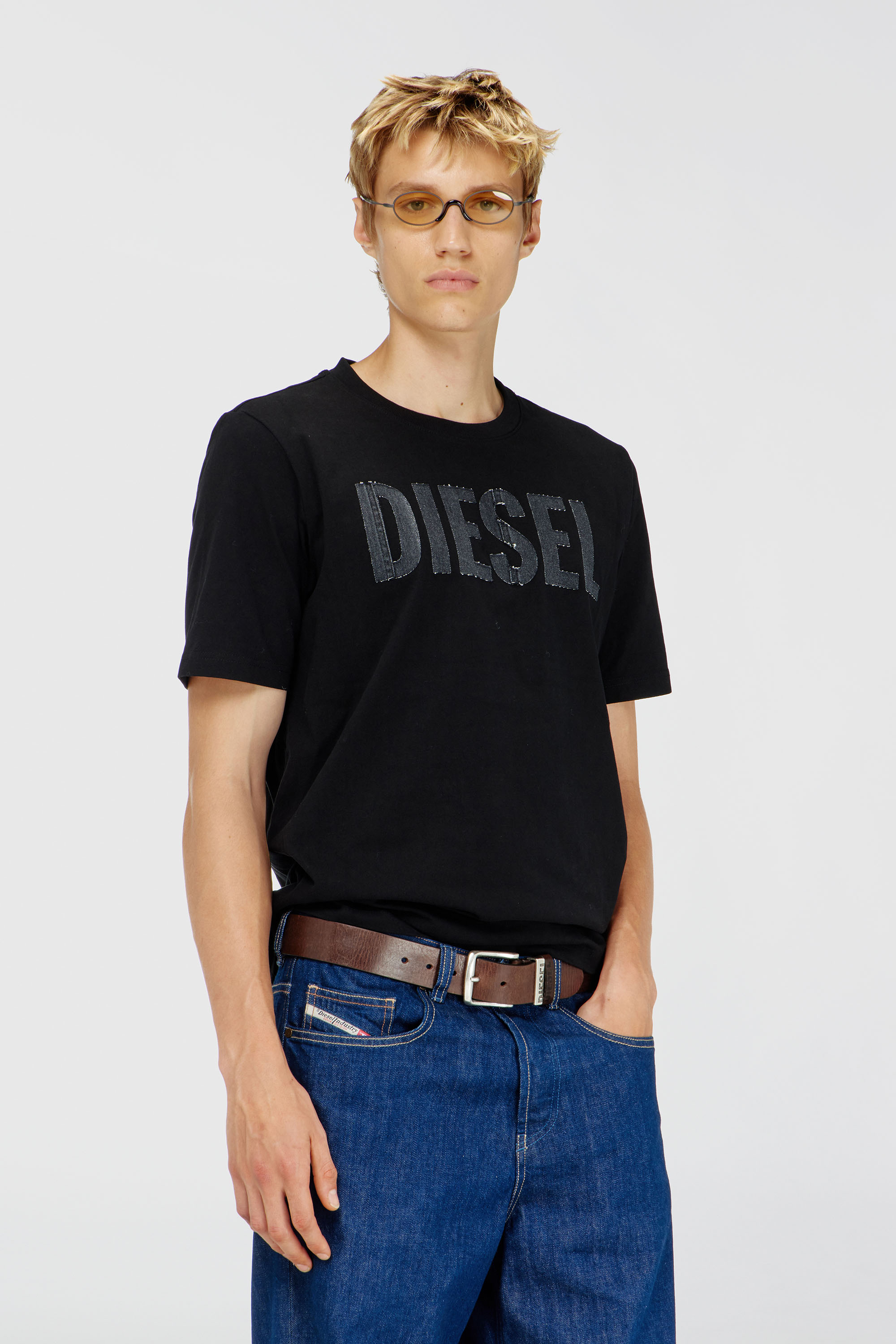 Diesel - Cotton T-shirt with tonal Diesel logo print - T-Shirts - Man - Black