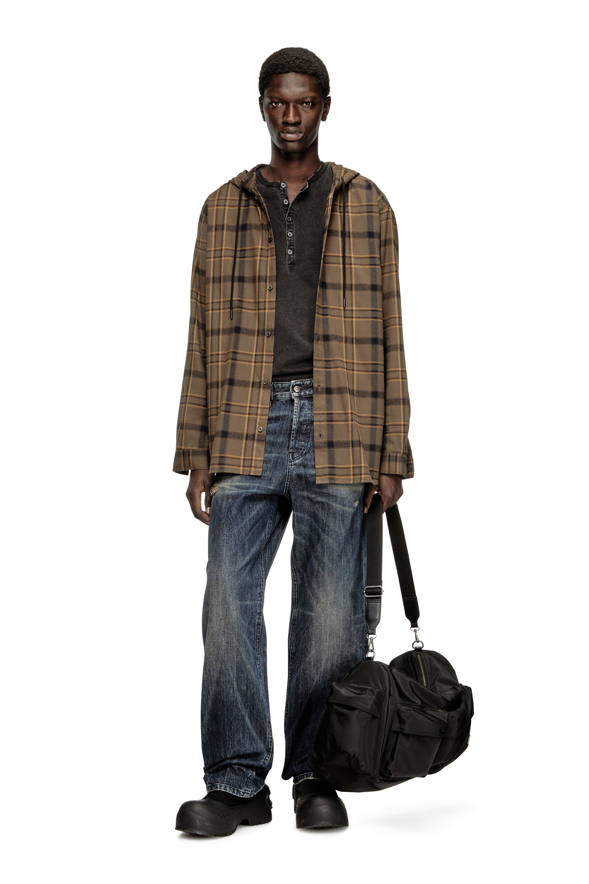 Diesel - S-IX, Man's Hooded shirt in check flannel with logo in Beige/Brown - 2