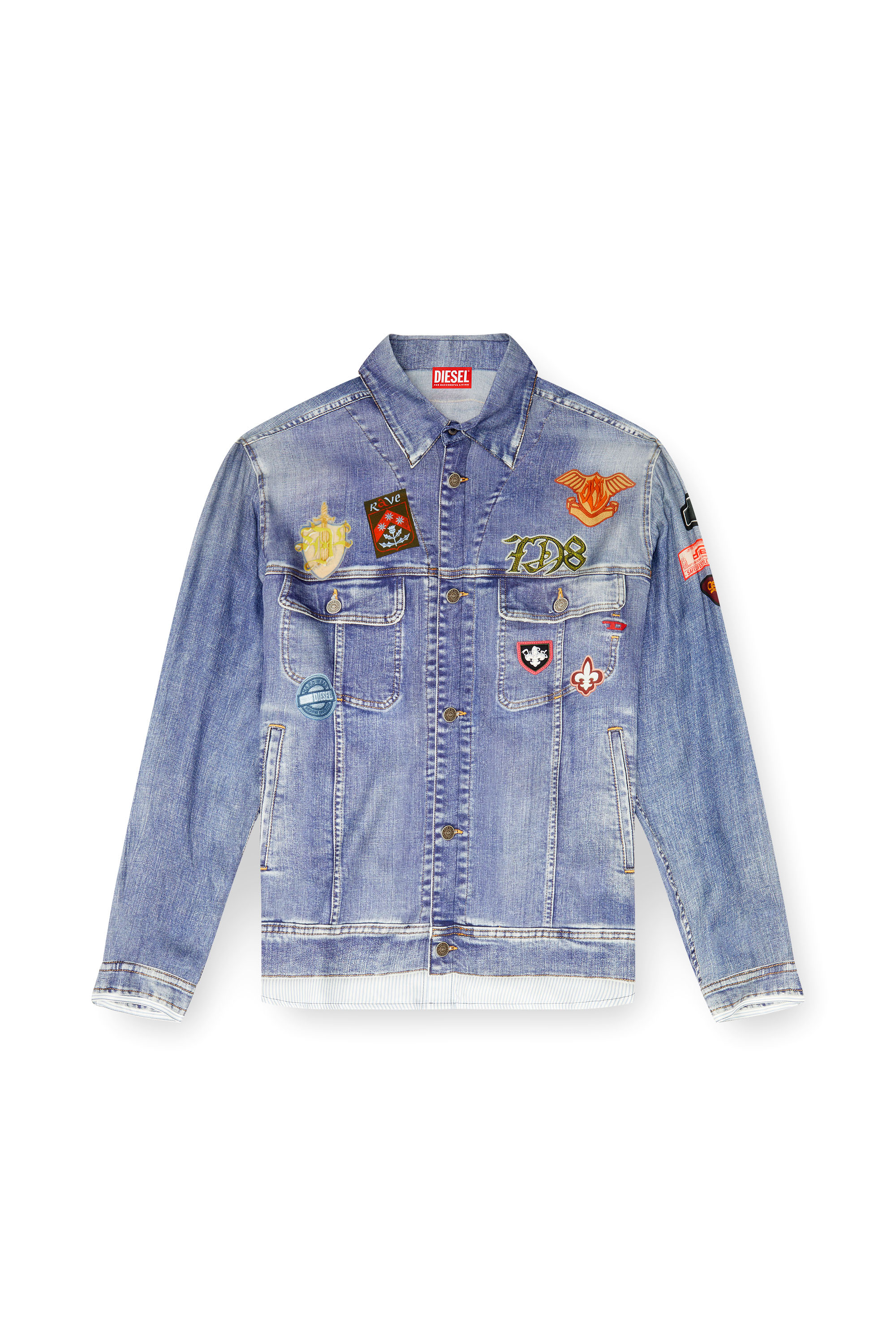 Diesel - S-SIMPLY-PATCH, Man's Satin shirt with trompe-l'oeil denim print in Medium blue - 2