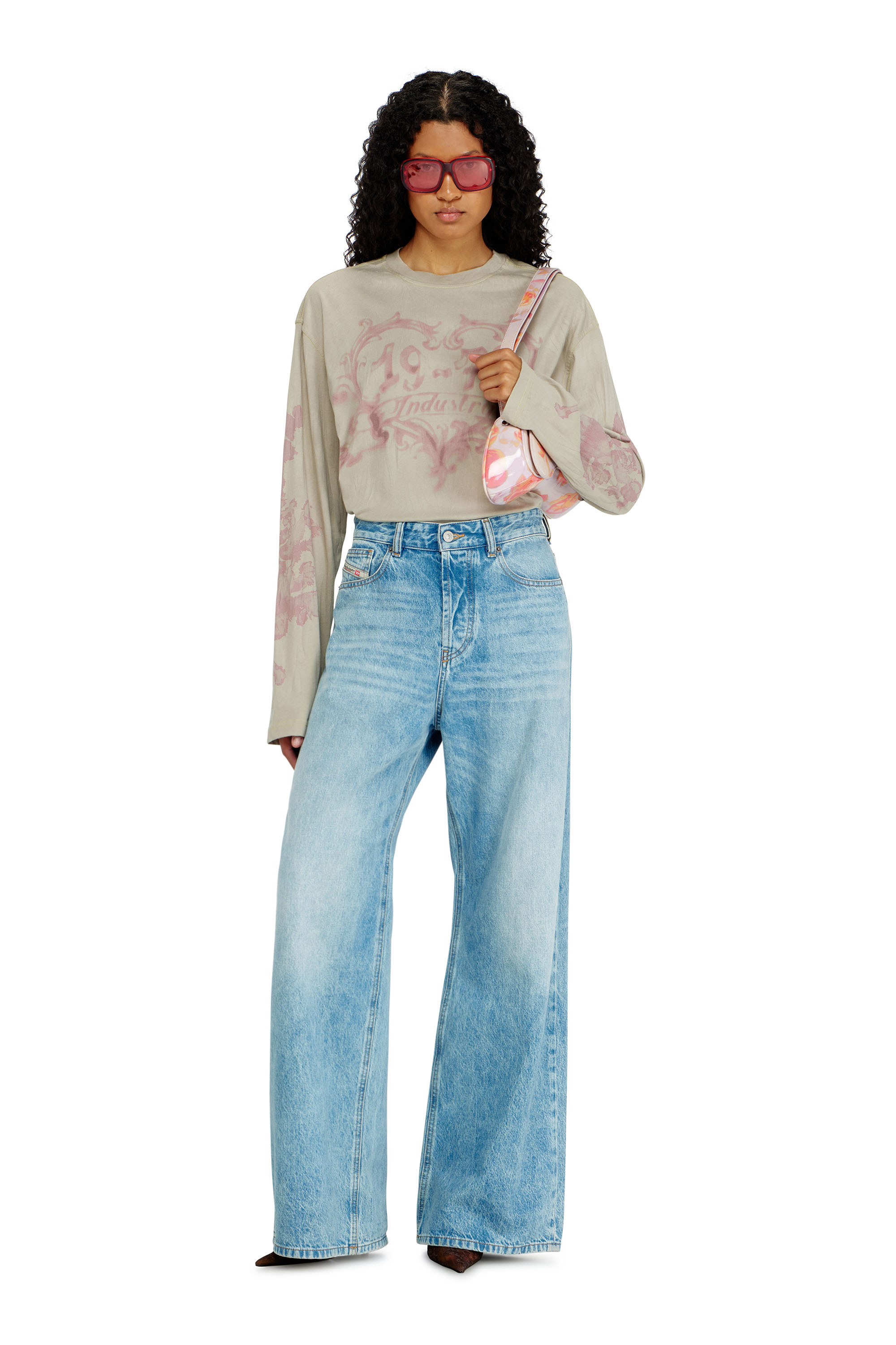 Diesel - T-HILARY-LS-AA1, Woman's Cotton long-sleeve T-shirt with graphic print in Pink/Beige - 1