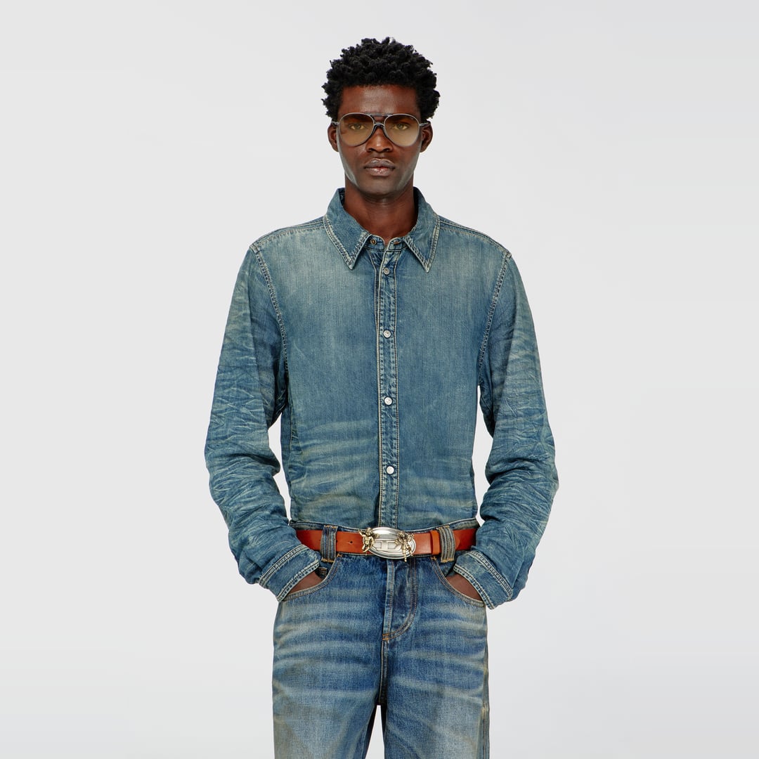 Diesel - Shirt in dirty-effect creased denim - Denim Shirts - Man - Blue