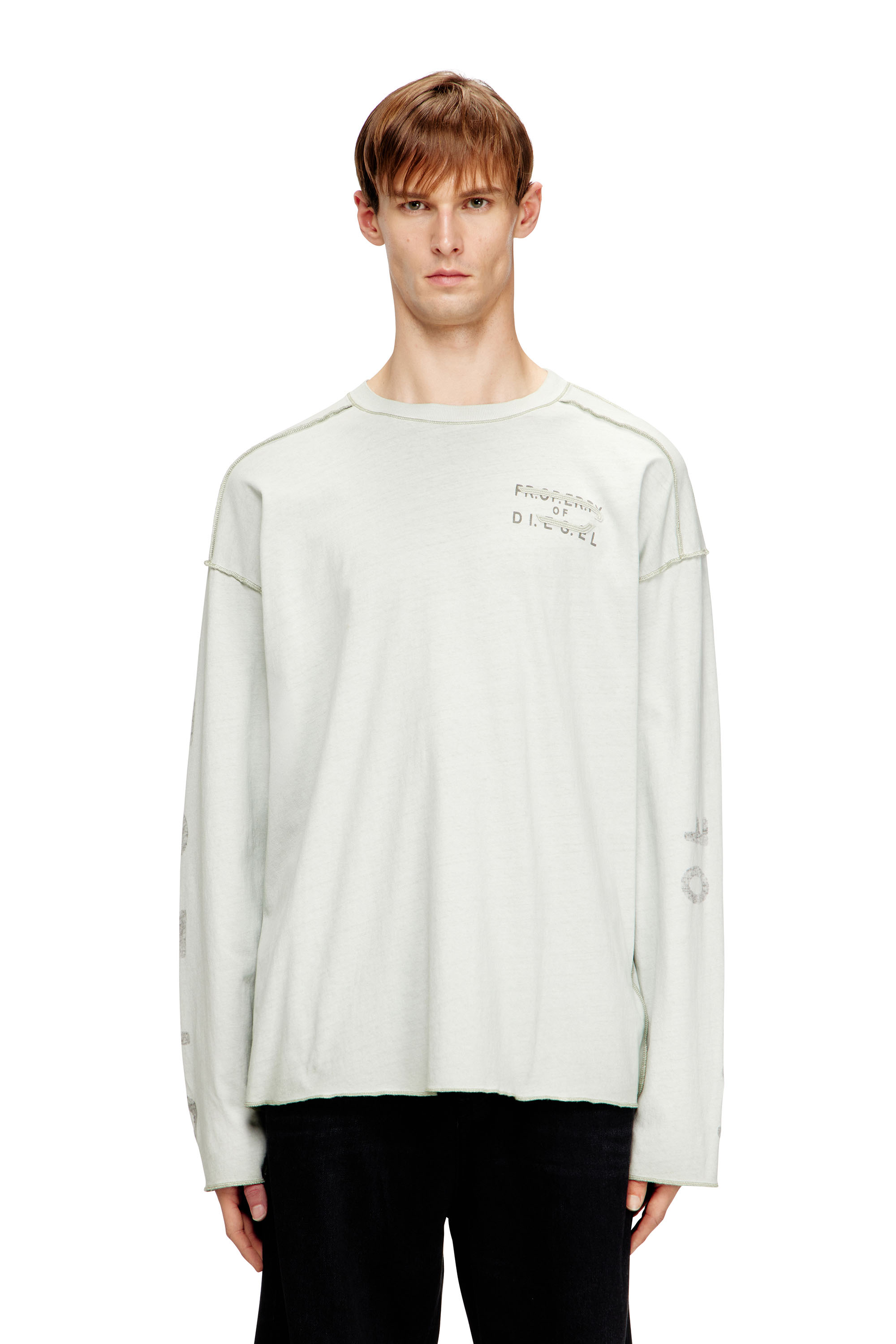 Diesel Men's Grey - Relaxed Long-Sleeve T-Shirt With Printed Sleeves - T-Shirts - Man Medium