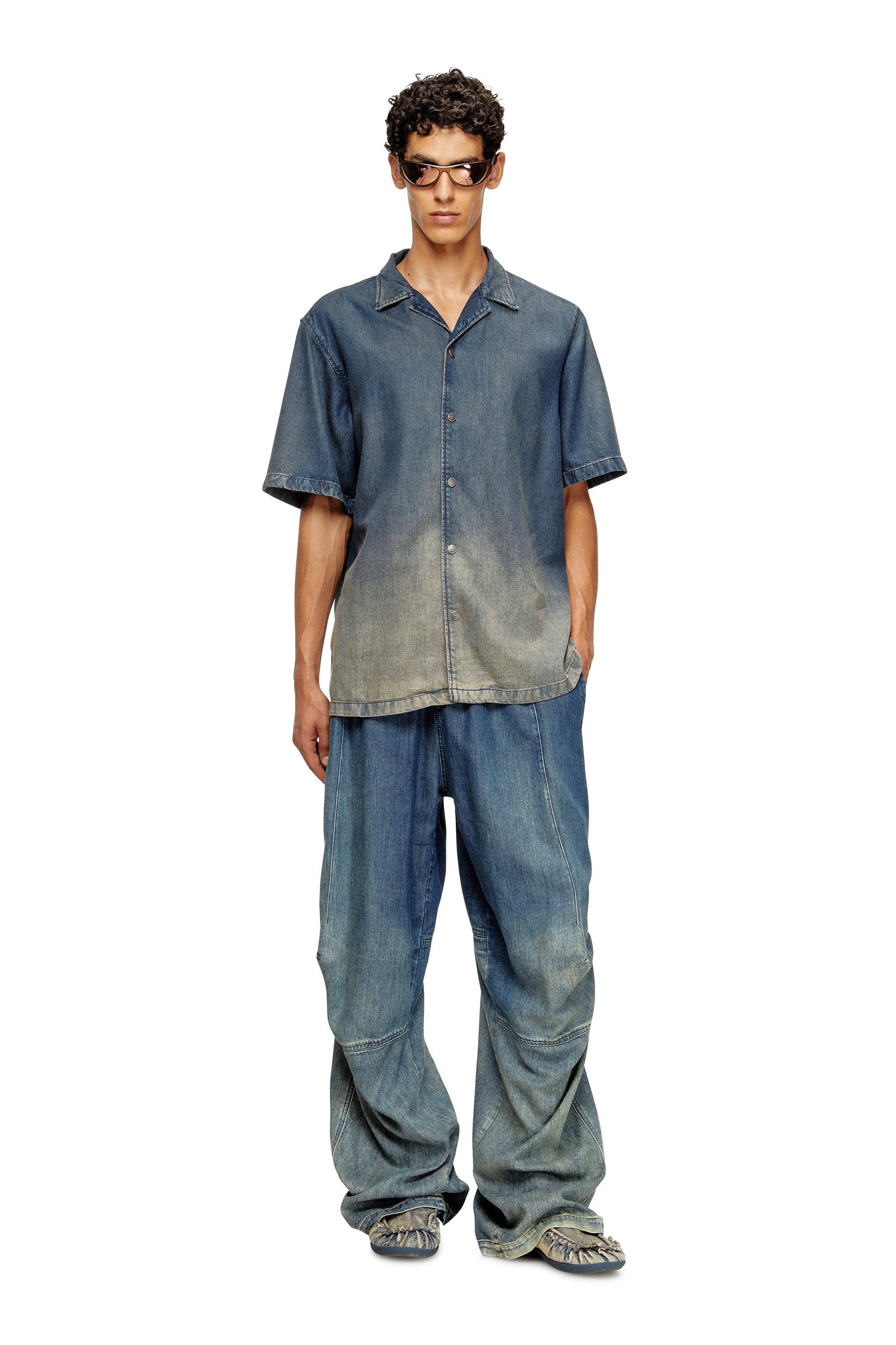 Diesel - D-NABIL-S3, Man's Bowling shirt in gradient fluid denim in Dark Blue - 2