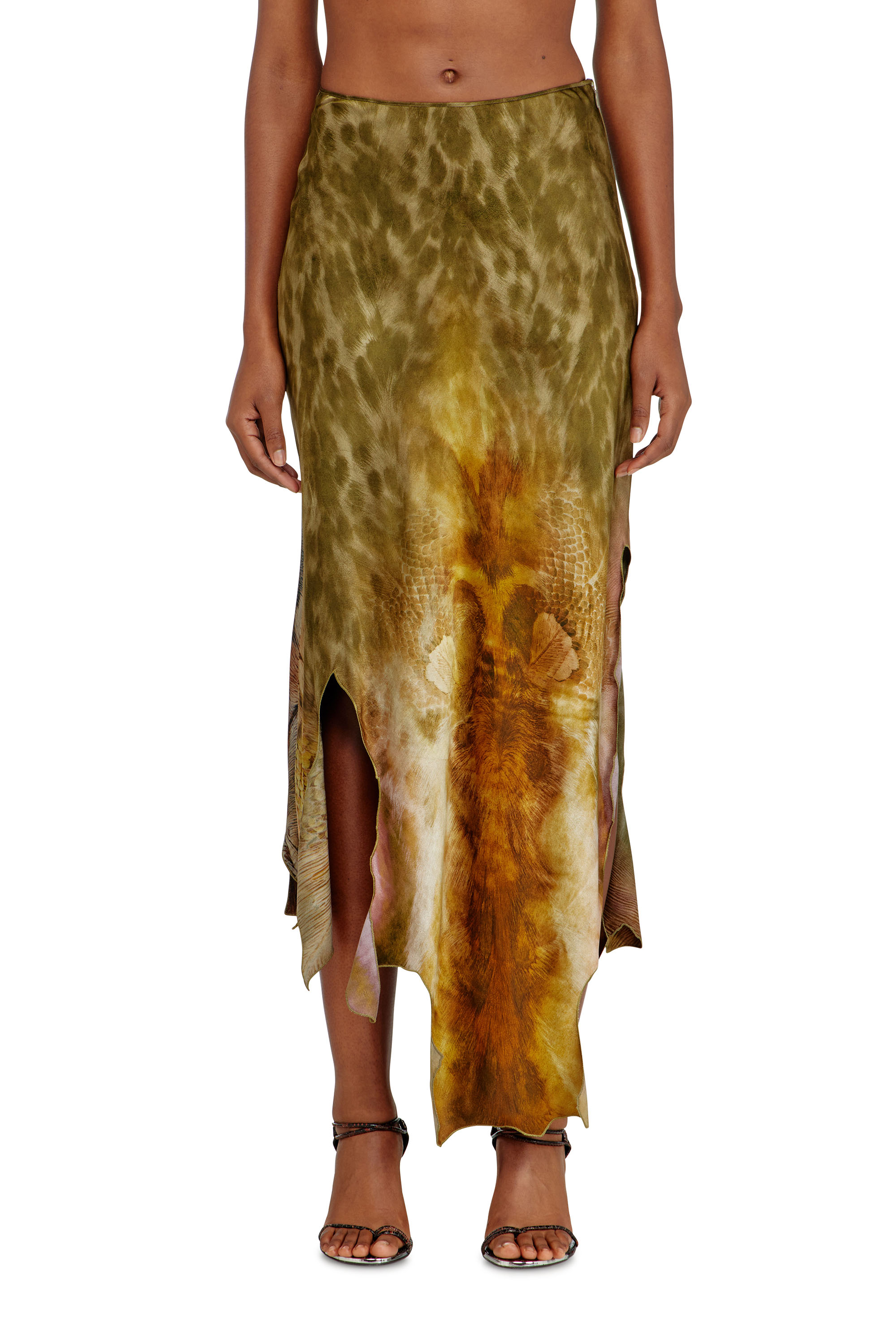 Diesel - O-TORN, Woman's Long asymmetrical skirt in printed satin in Brown/Green - 3