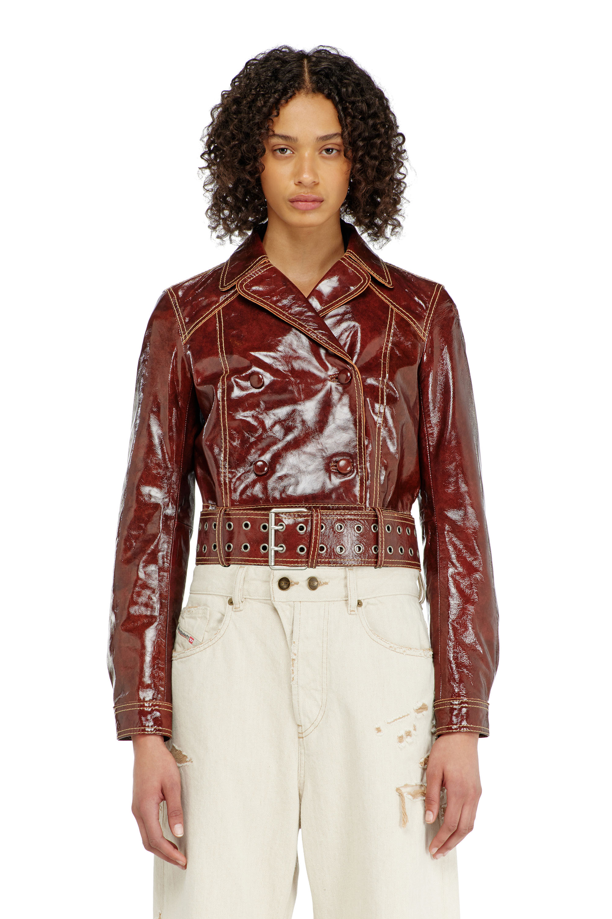 Diesel - L-EGEND, Woman's Patent-leather jacket with large belt in Brown - 5
