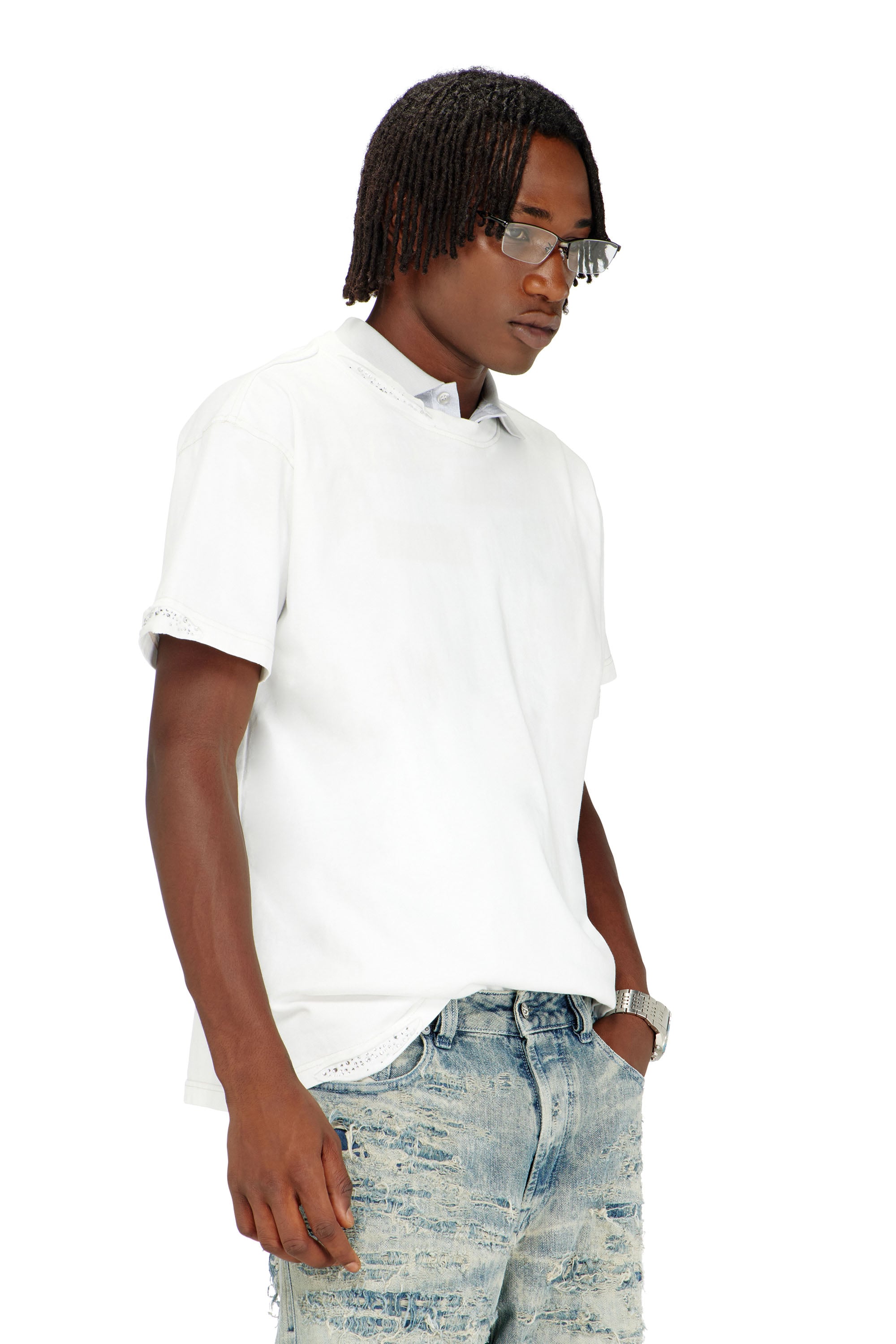 Diesel - T-shirt with frayed edges and crystal details - T-Shirts - Man - White