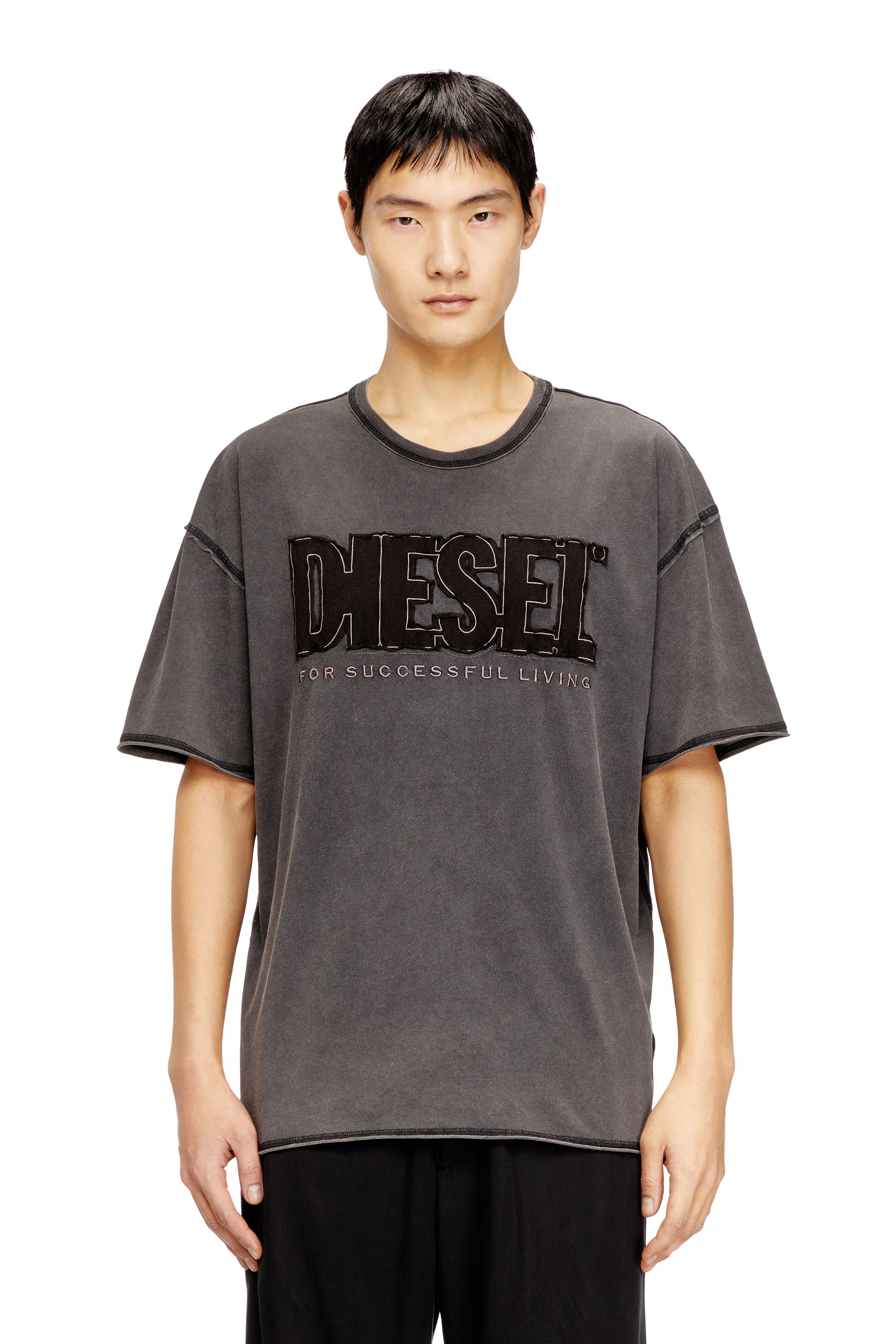 Diesel Homem Cinza - T-Shirt With Appliqué Logo And Raw Edge - T-Shirts - Man 3XL