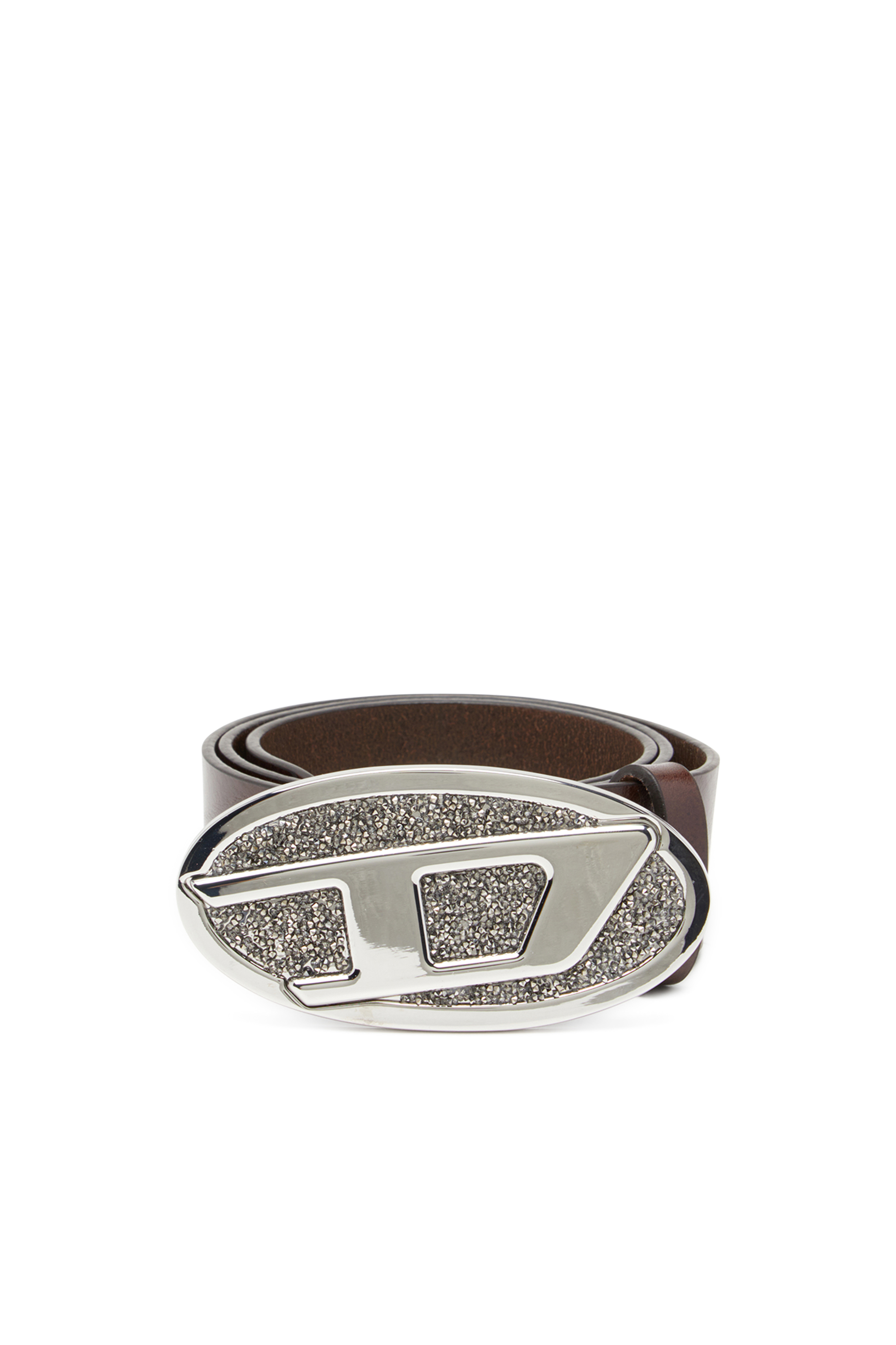 Diesel Women's Brown - 4Cm Leather Belt With Rhinestone Oval D Buckle - Belts - Woman Size 85