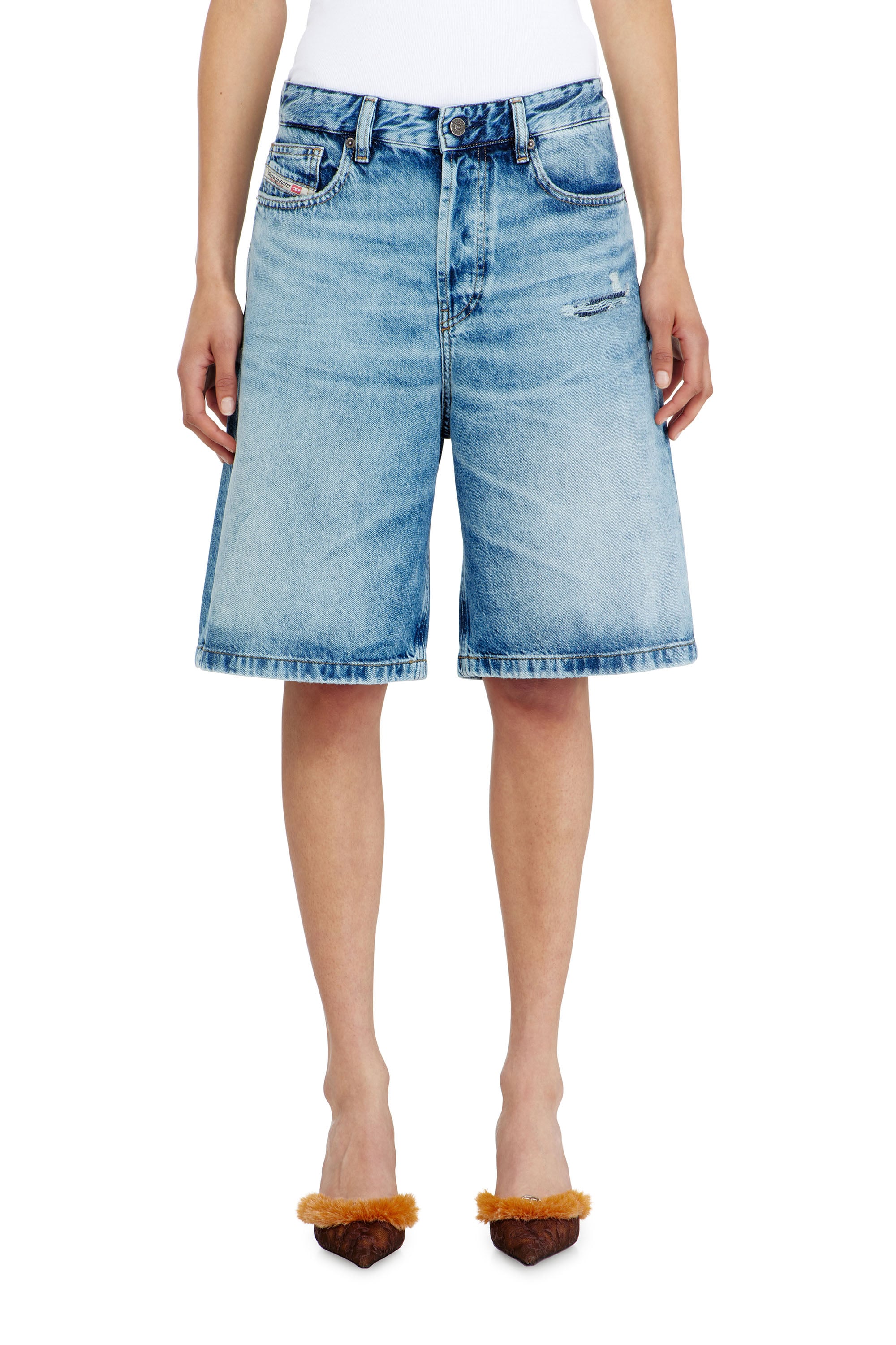 Diesel - Relaxed shorts in fluid denim with abrasions - Shorts - Woman - Blue