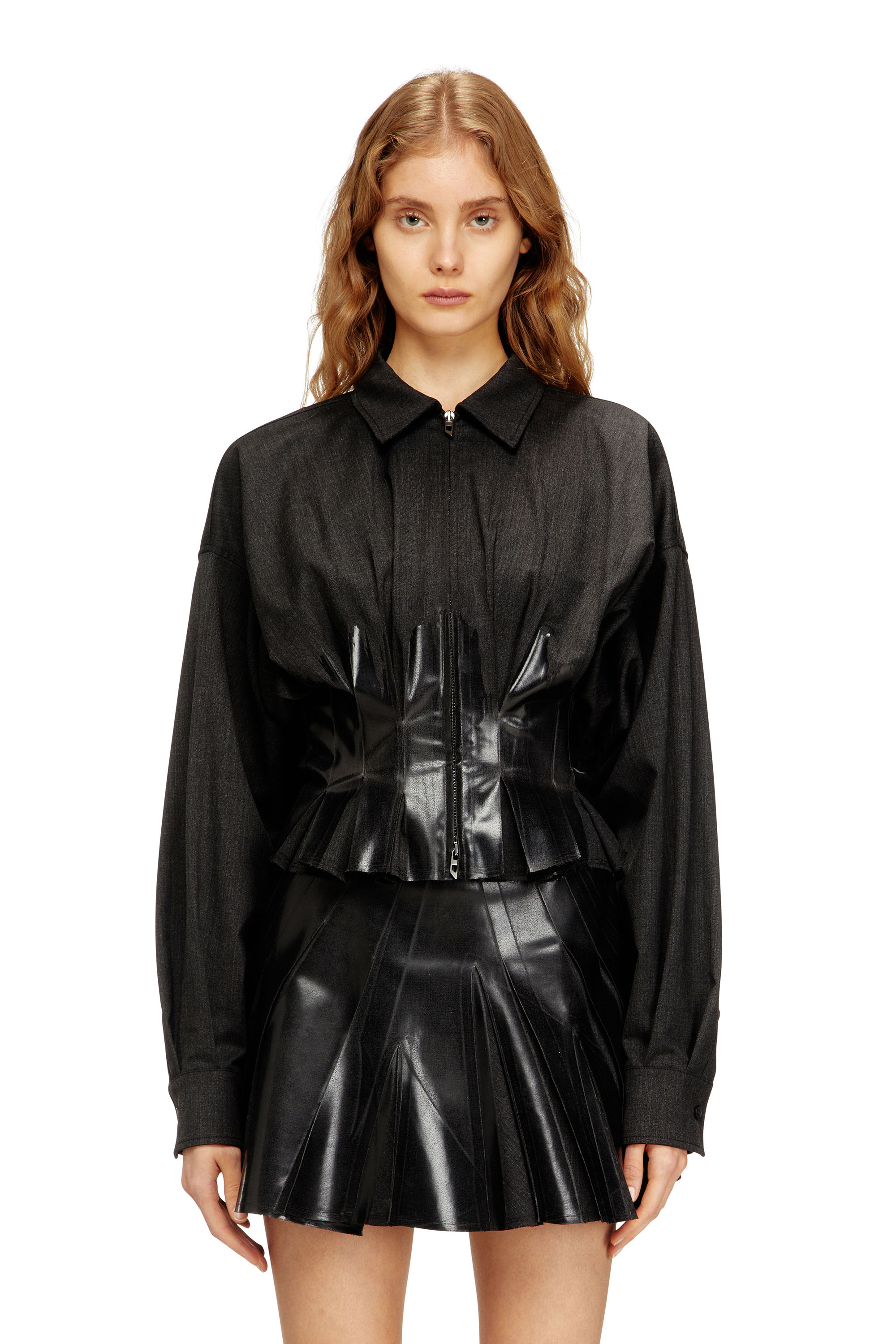 Diesel Tailoring Shirt-jacket With Coated Pleats In Black