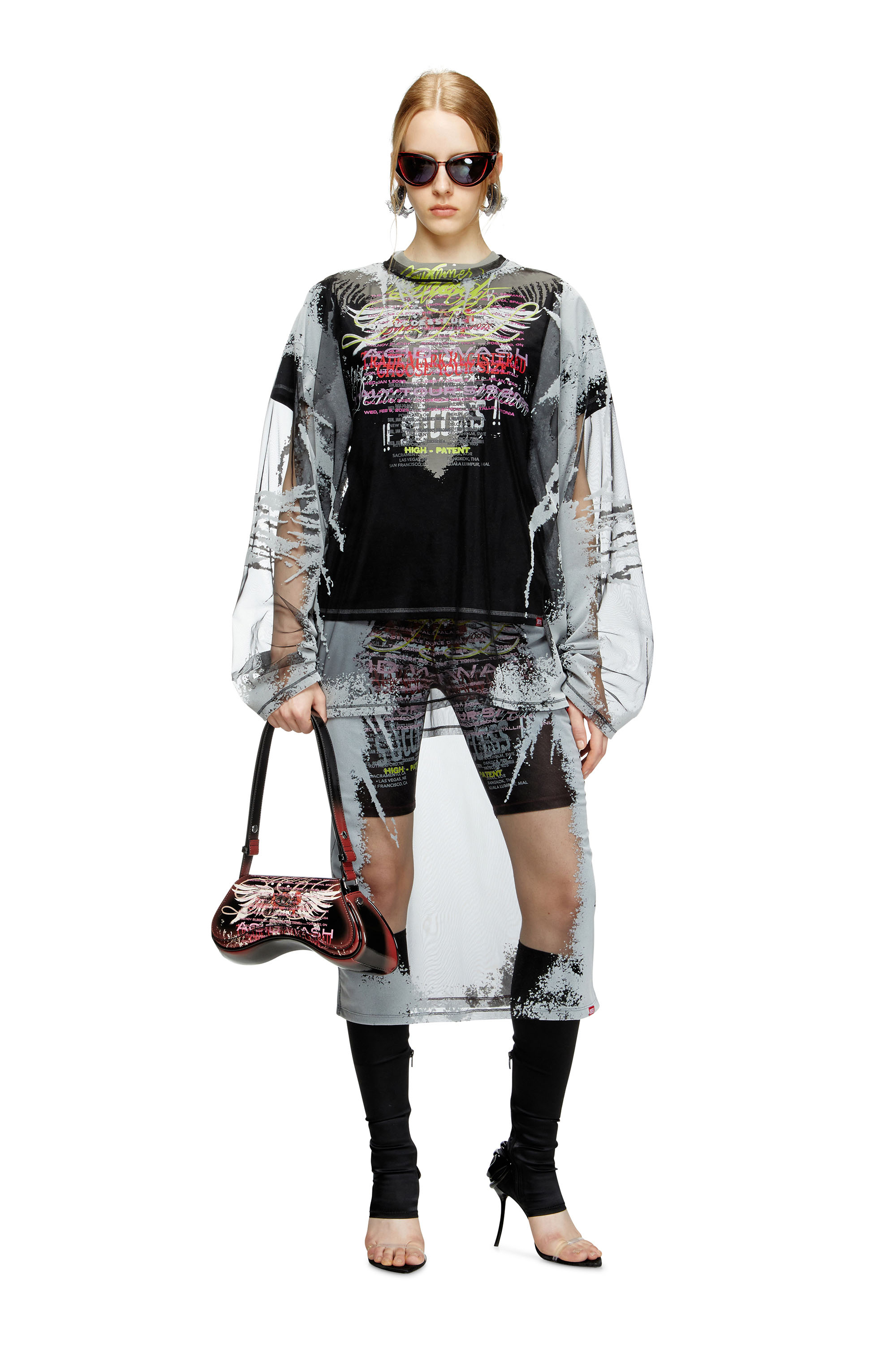 Diesel - O-LYAC, Woman's Layered midi skirt with lyrics print in Black/Grey - 2