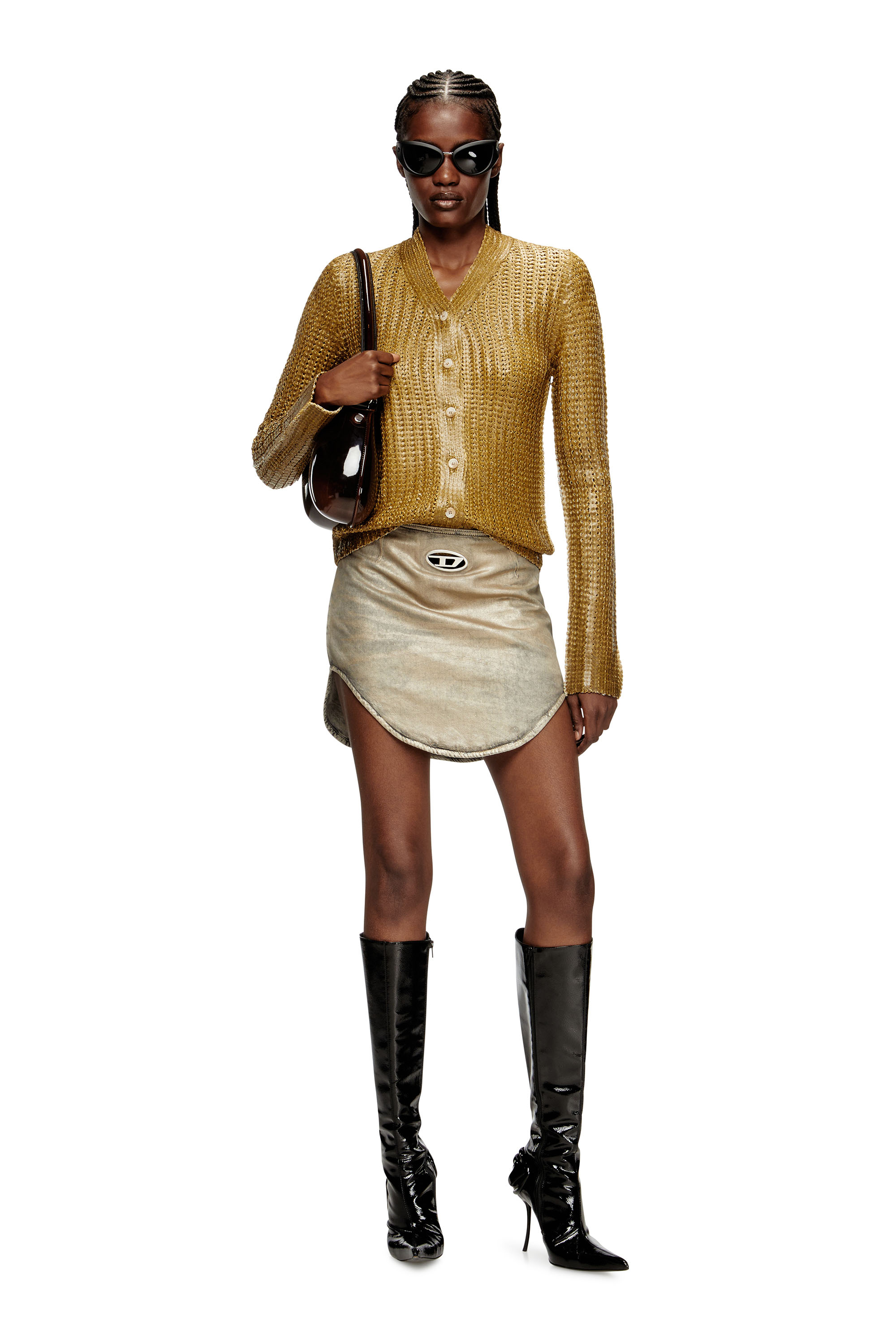 Diesel - M-MILLO, Woman's Ribbed cardigan with shiny effect in Light Brown - 2