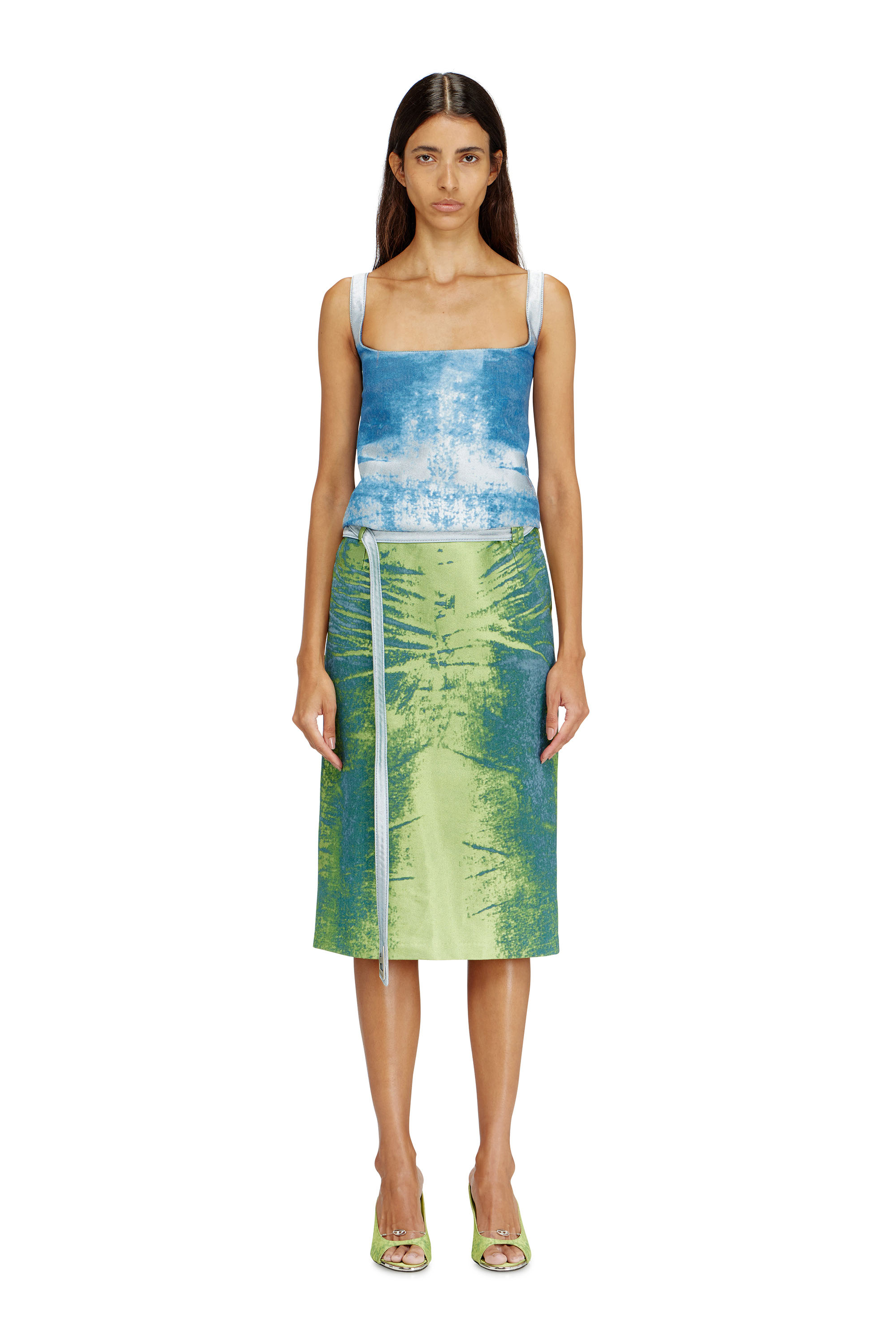 Diesel - DE-SANAT-FSI, Woman's Open-back apron dress in coloured satin denim in Blue/Green - 2