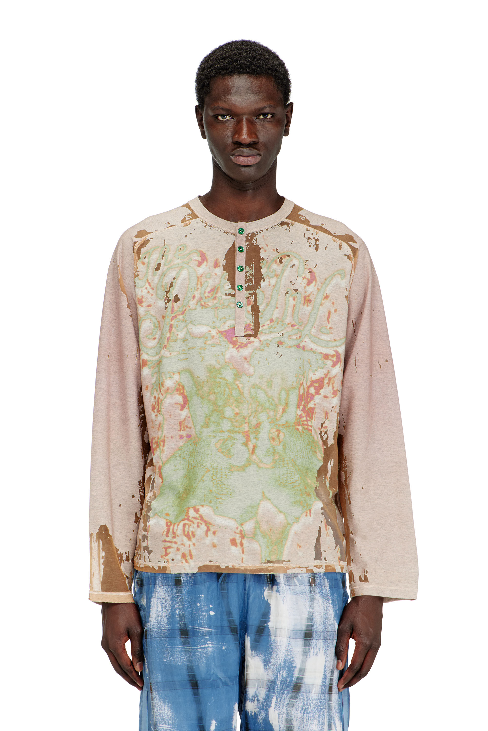 Diesel - T-LIVO-LS, Man's Henley shirt in printed devor&eacute; jersey in Beige - 3