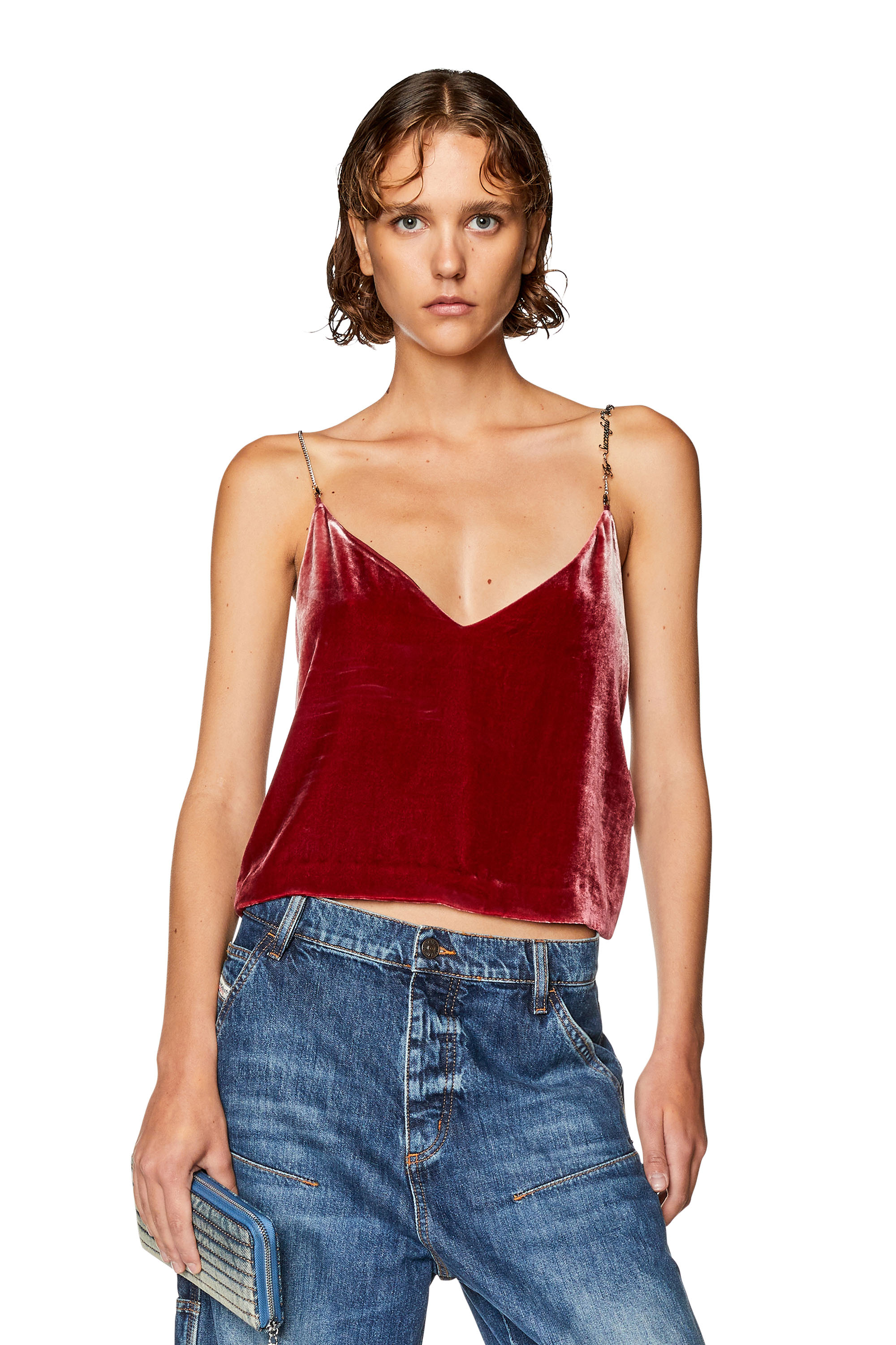 Diesel - Camisola de terciopelo con correas de cadena - Tops - Mujer - Rojo