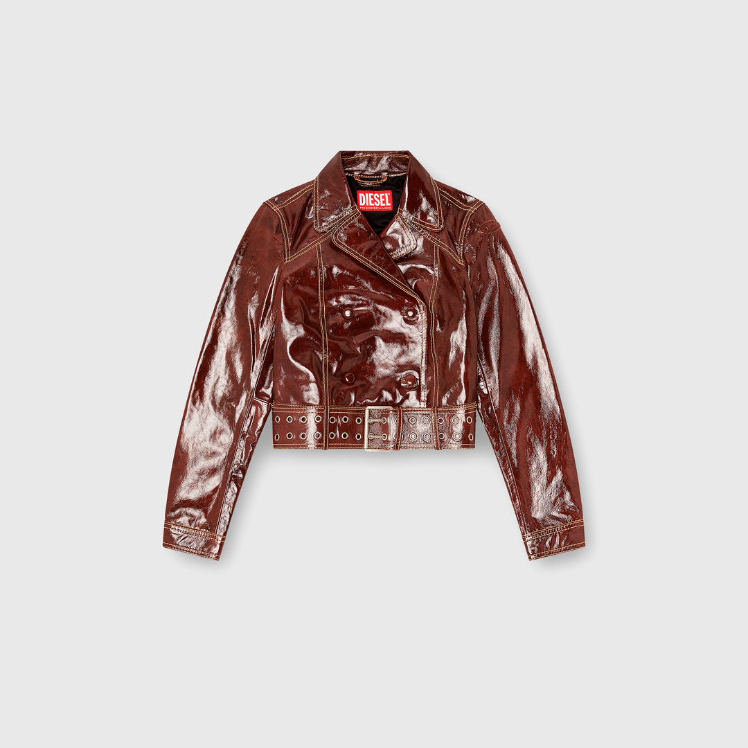 Diesel - Veste en cuir verni avec large ceinture - Vestes de cuir - Femme - Rouge