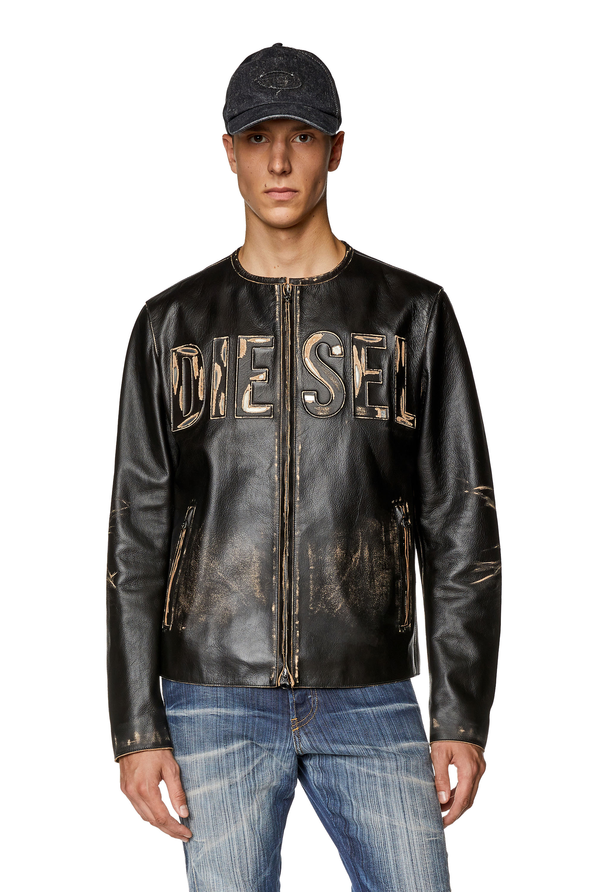 Diesel - Veste en cuir effet vieilli avec logo en métal - Vestes de cuir - Homme - Noir