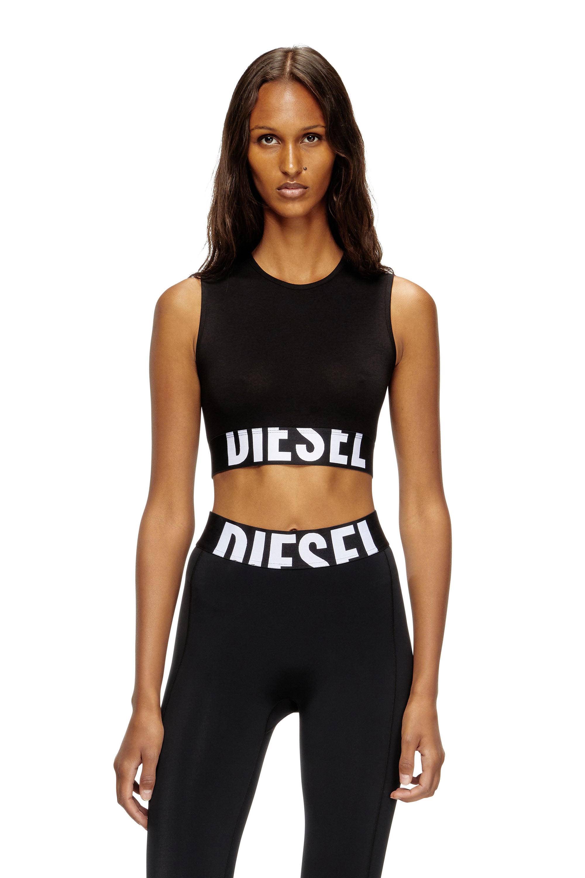 Diesel Kvinno Svart - Cropped Tank Top With Cut-Off Logo - Tops - Woman Små