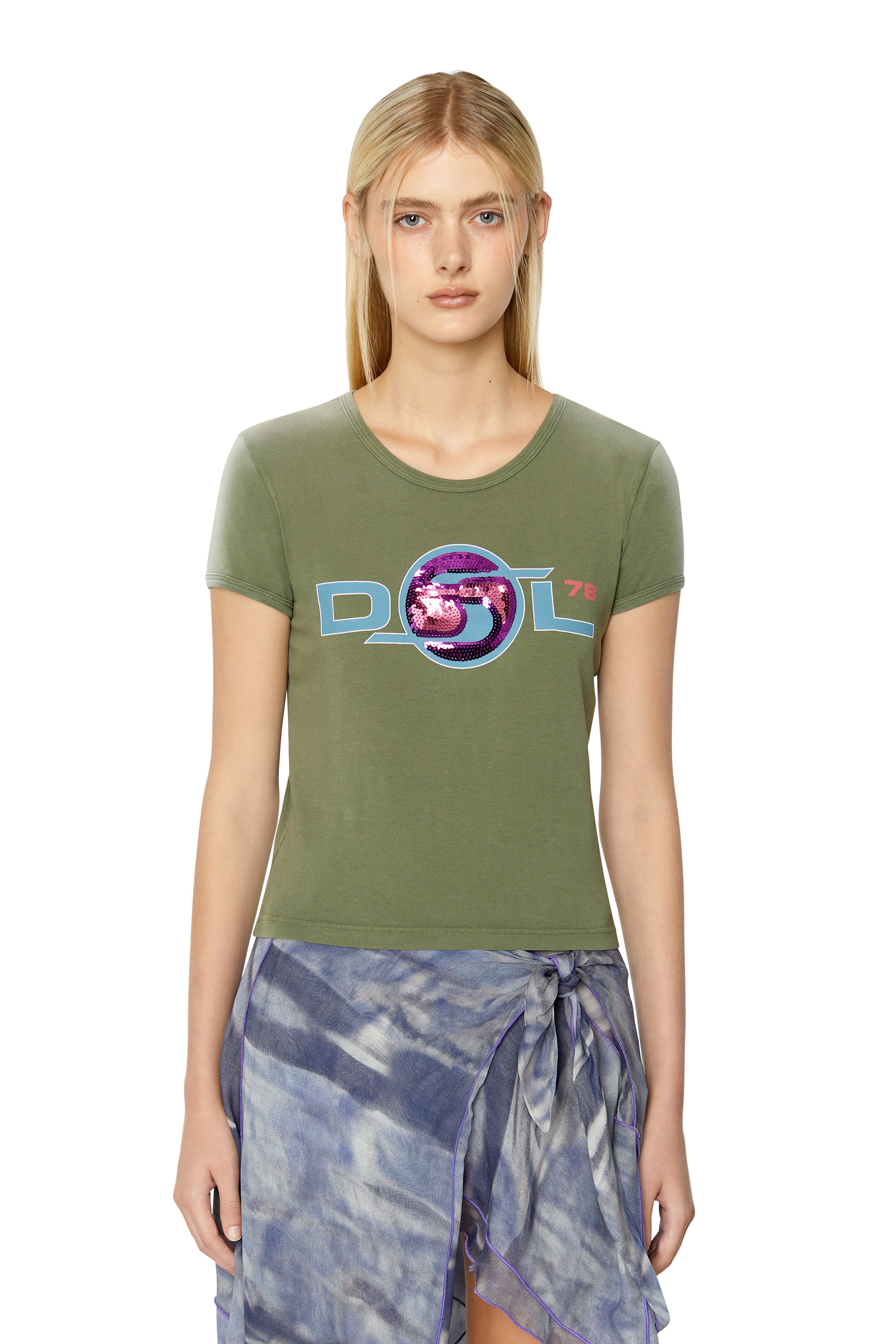 Diesel - Top con grafica del logo in paillette - T-Shirts - Donna - Verde
