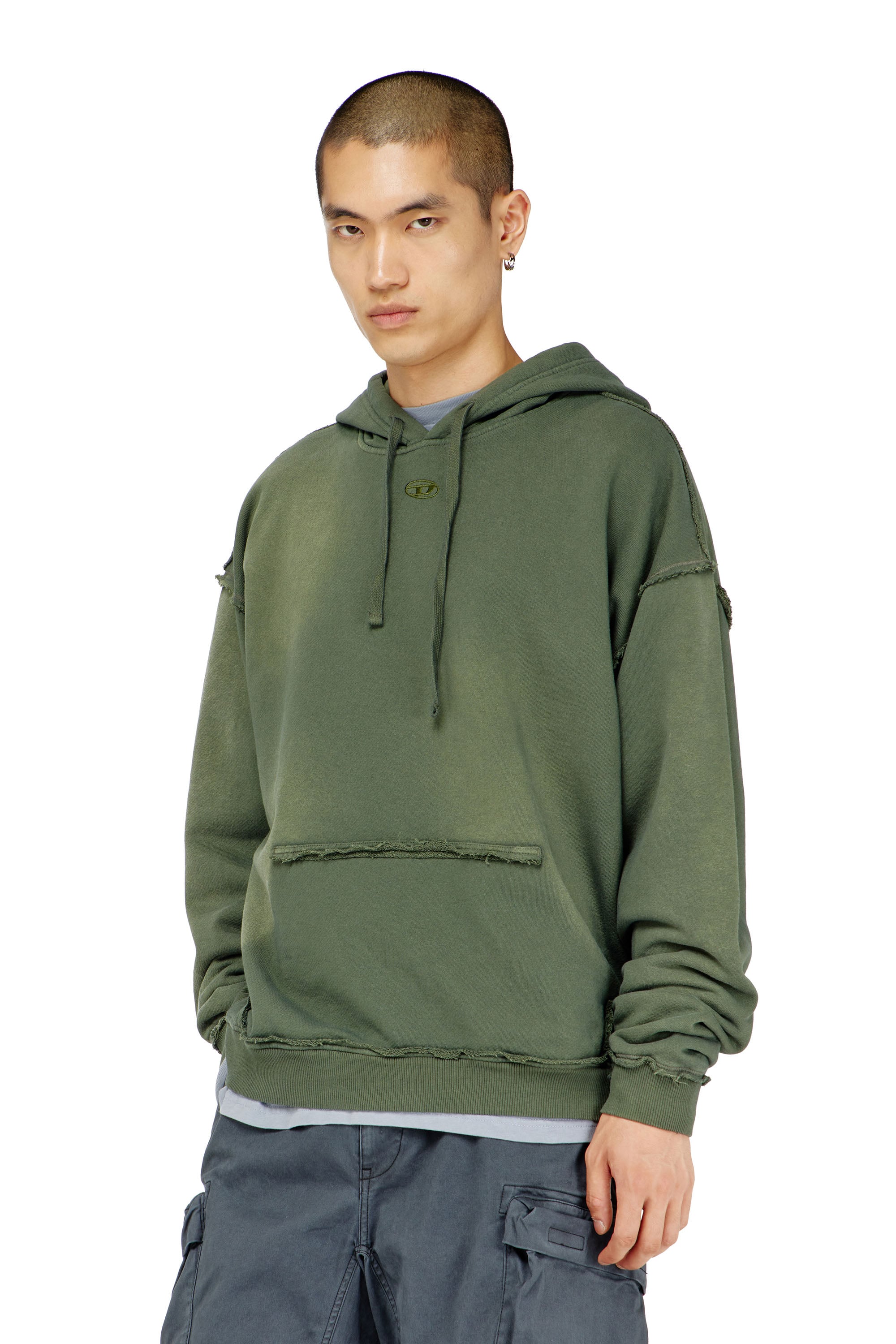 Diesel Uomo - Hoodie In Cotone Faded Con Dettagli Sfrangiati - Felpe Grande