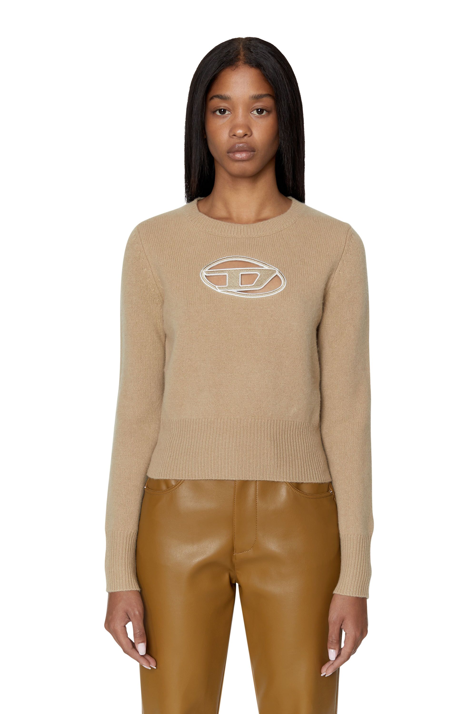 Shop Diesel Jumper With Embroidered Cut-out Logo In Beige