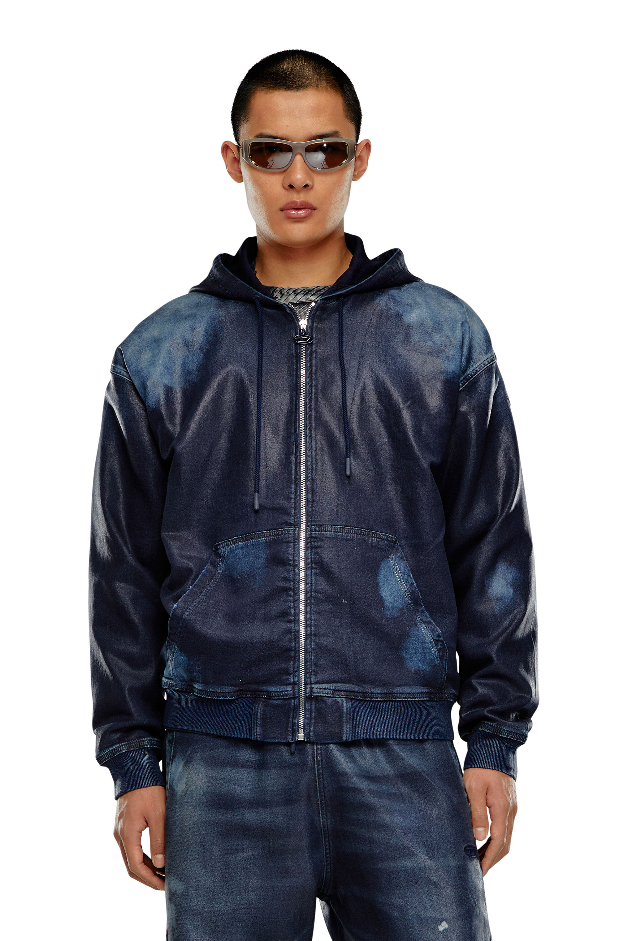 Diesel - Zip-up hoodie in coated Track Denim - Sweaters - Man - Blue