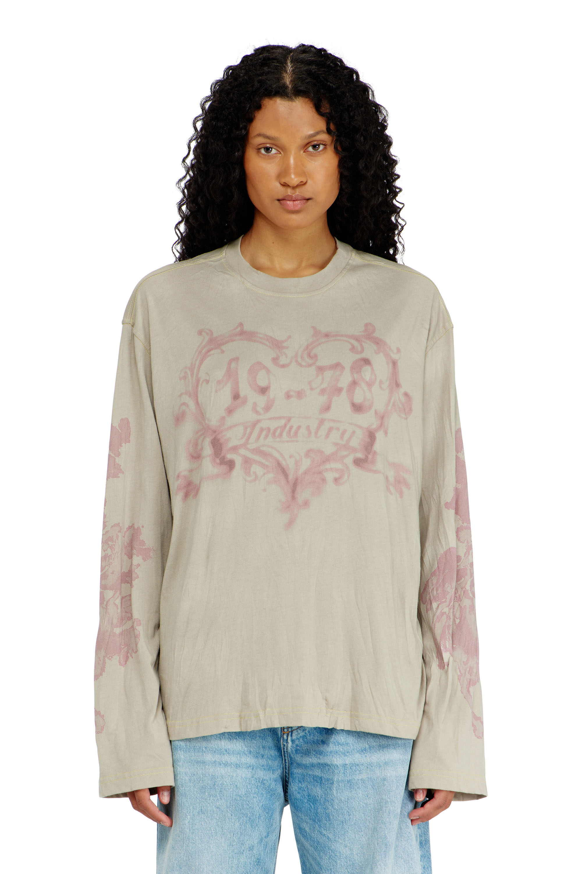 Diesel - T-HILARY-LS-AA1, Woman's Cotton long-sleeve T-shirt with graphic print in Pink/Beige - 1