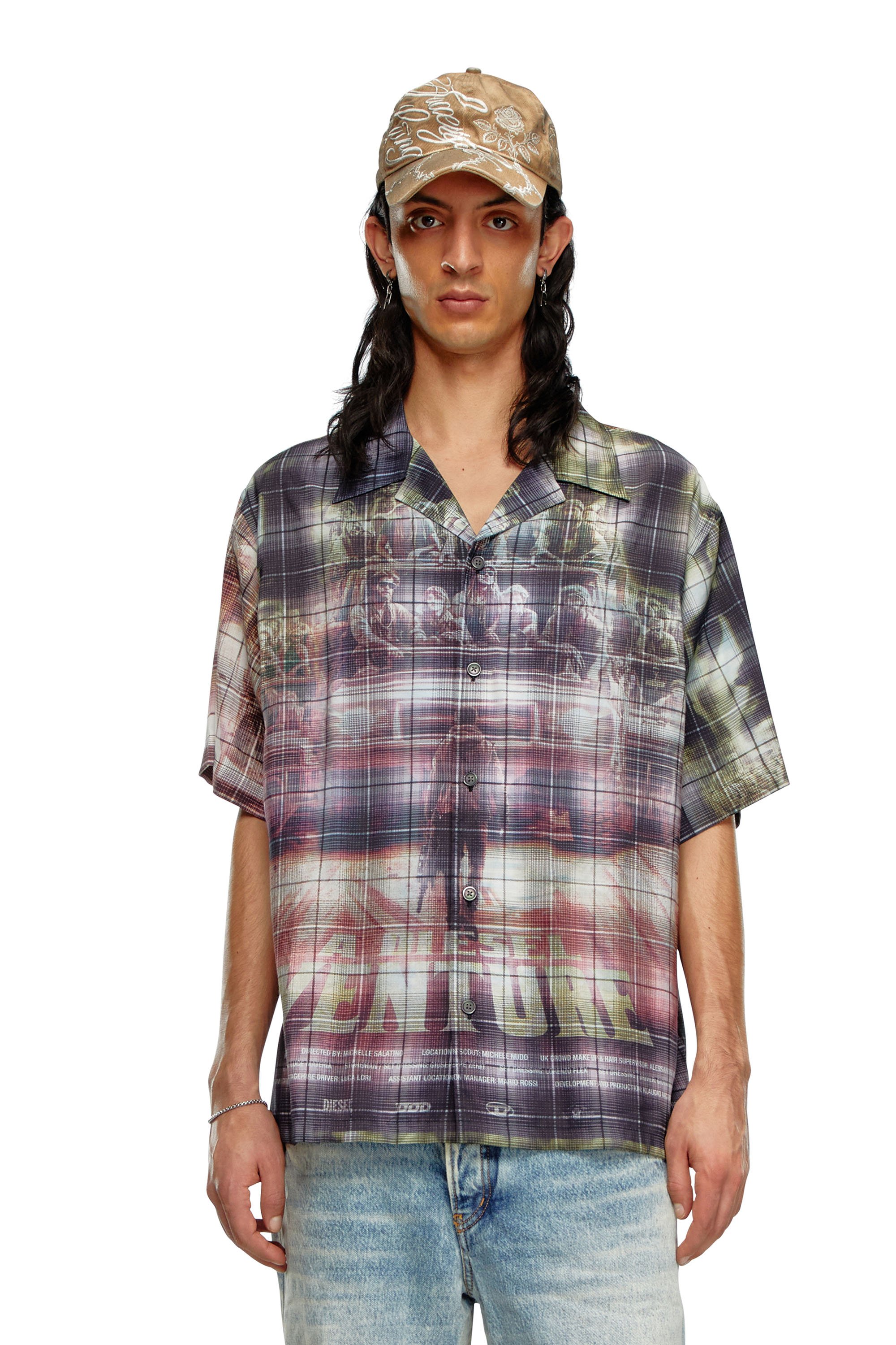 Diesel - Camisa a cuadros de manga corta con estampado de póster - Camisas - Hombre - Multicolor