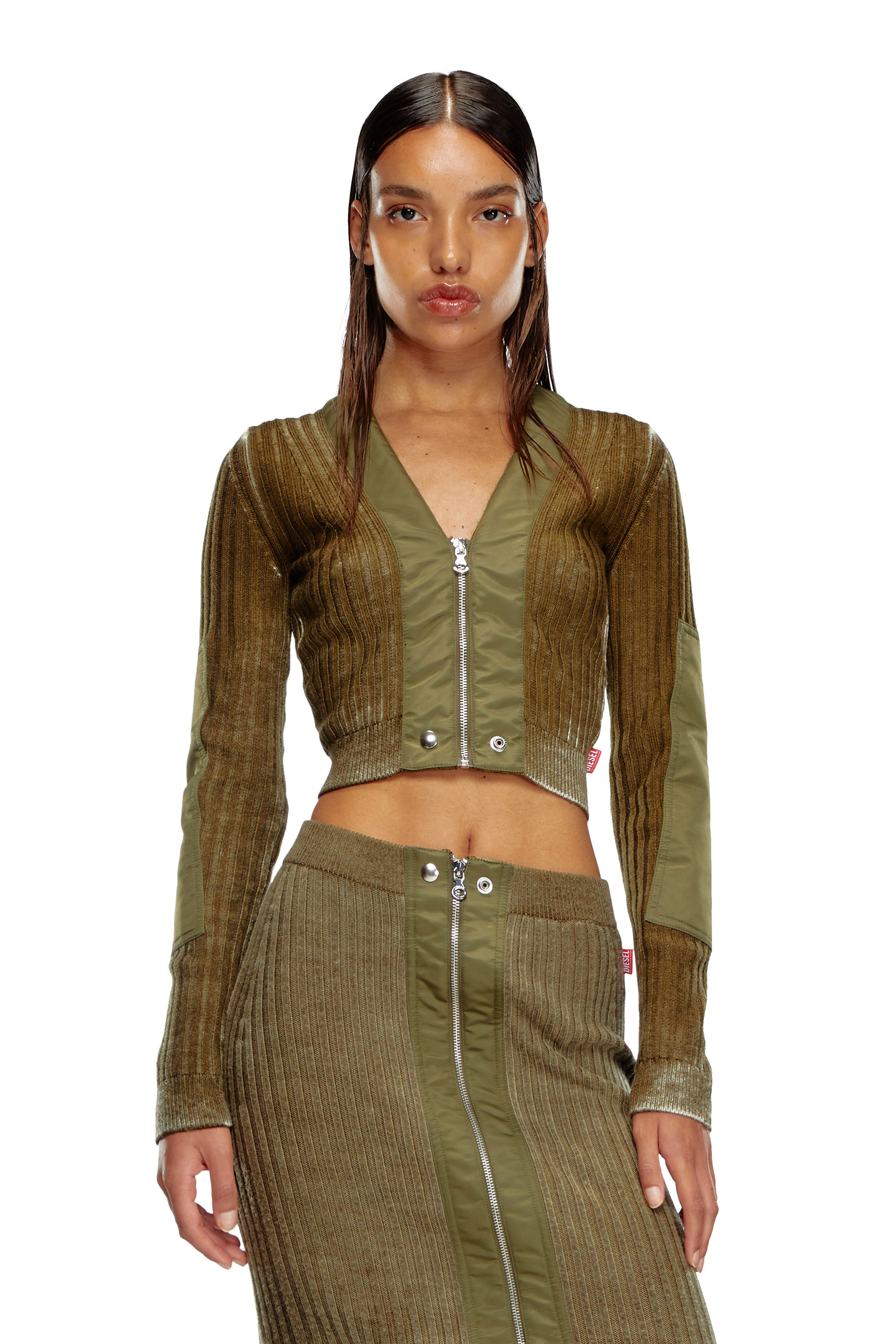 Shop Diesel Cropped Wool Cardigan With Nylon Trims In Green