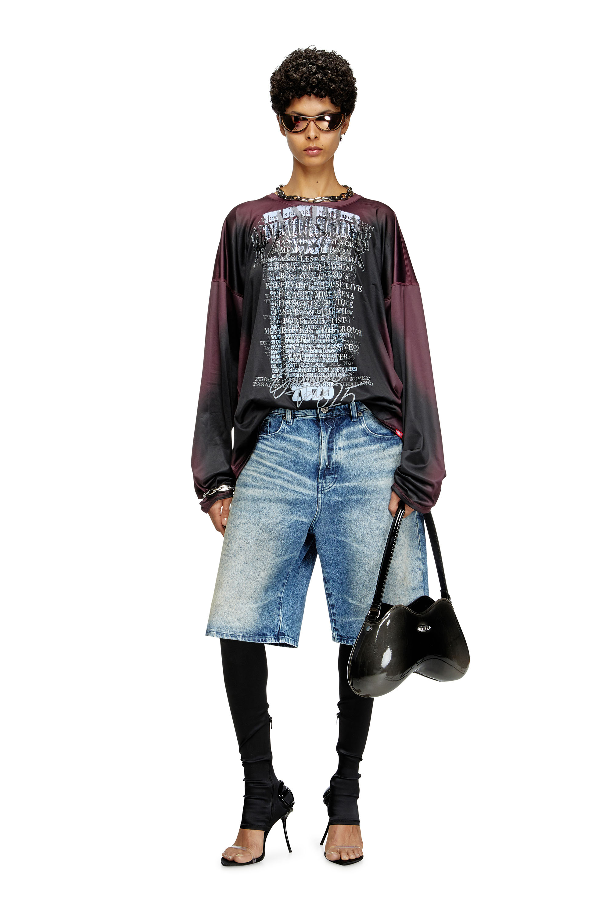 Diesel - T-OLAVI-AA, Unisex's Long-sleeve tech-jersey T-shirt with lyrics print in Black/Violet - 4