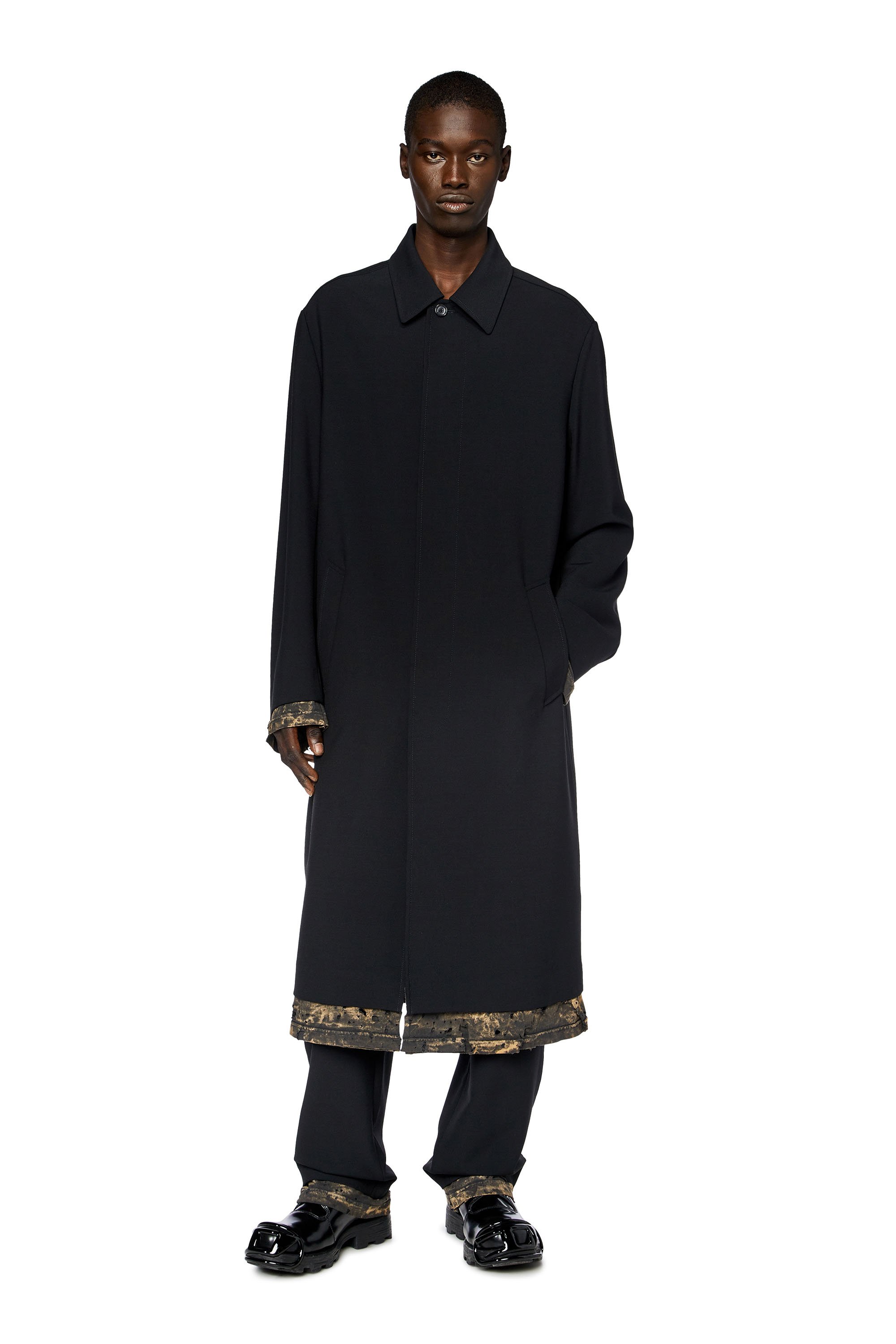 Shop Diesel Wool-blend Coat With Distressed Trims In Black