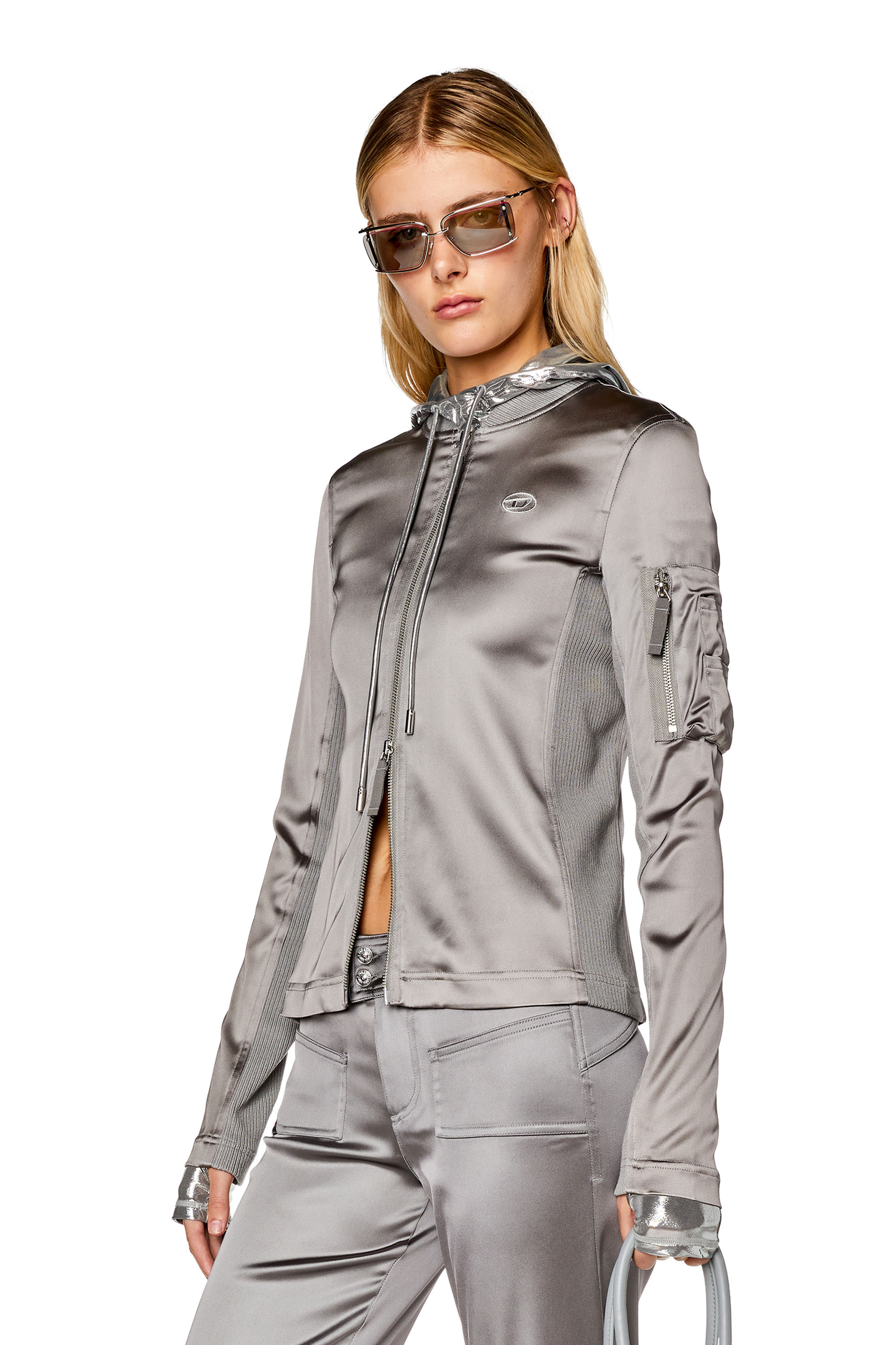 Diesel - Track jacket in shiny stretch satin - Tops - Woman - Grey