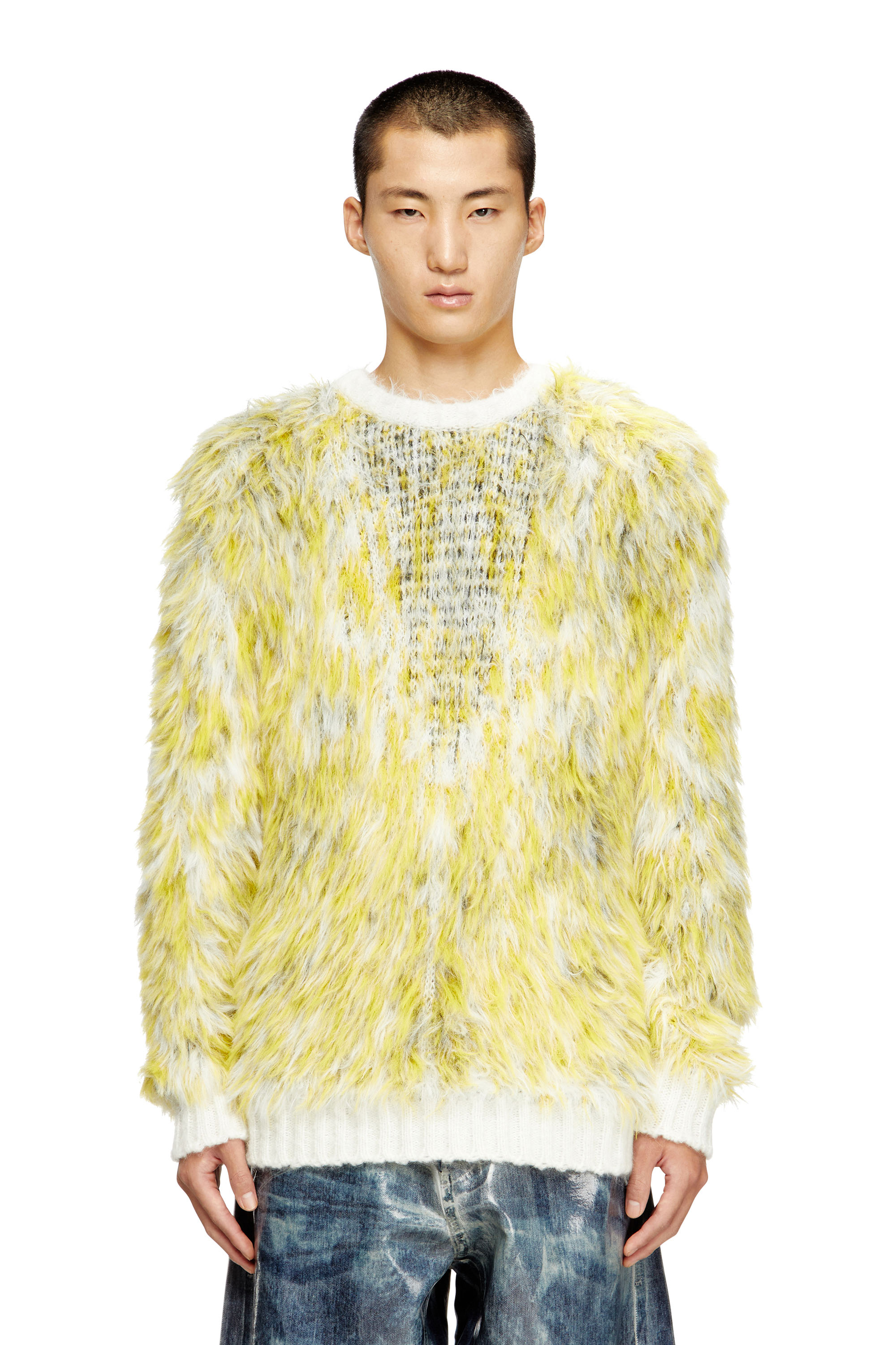 Diesel - K-ALLEN, Man's Jumper in fluffy jacquard knit in White/Yellow - 1