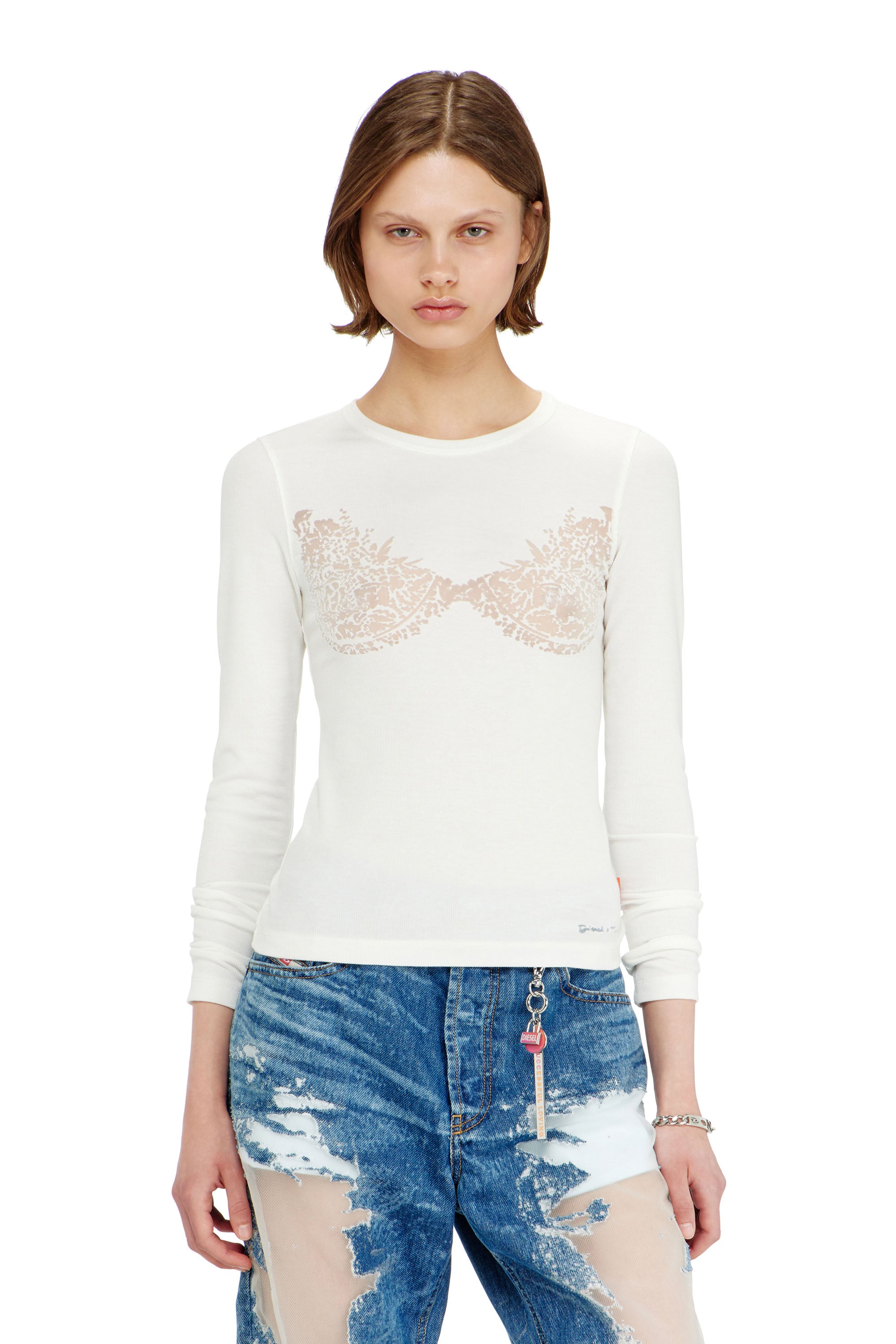 Diesel Top Avec Effet Dentelle Devoré T-Shirts Femme Blanc Moyen
