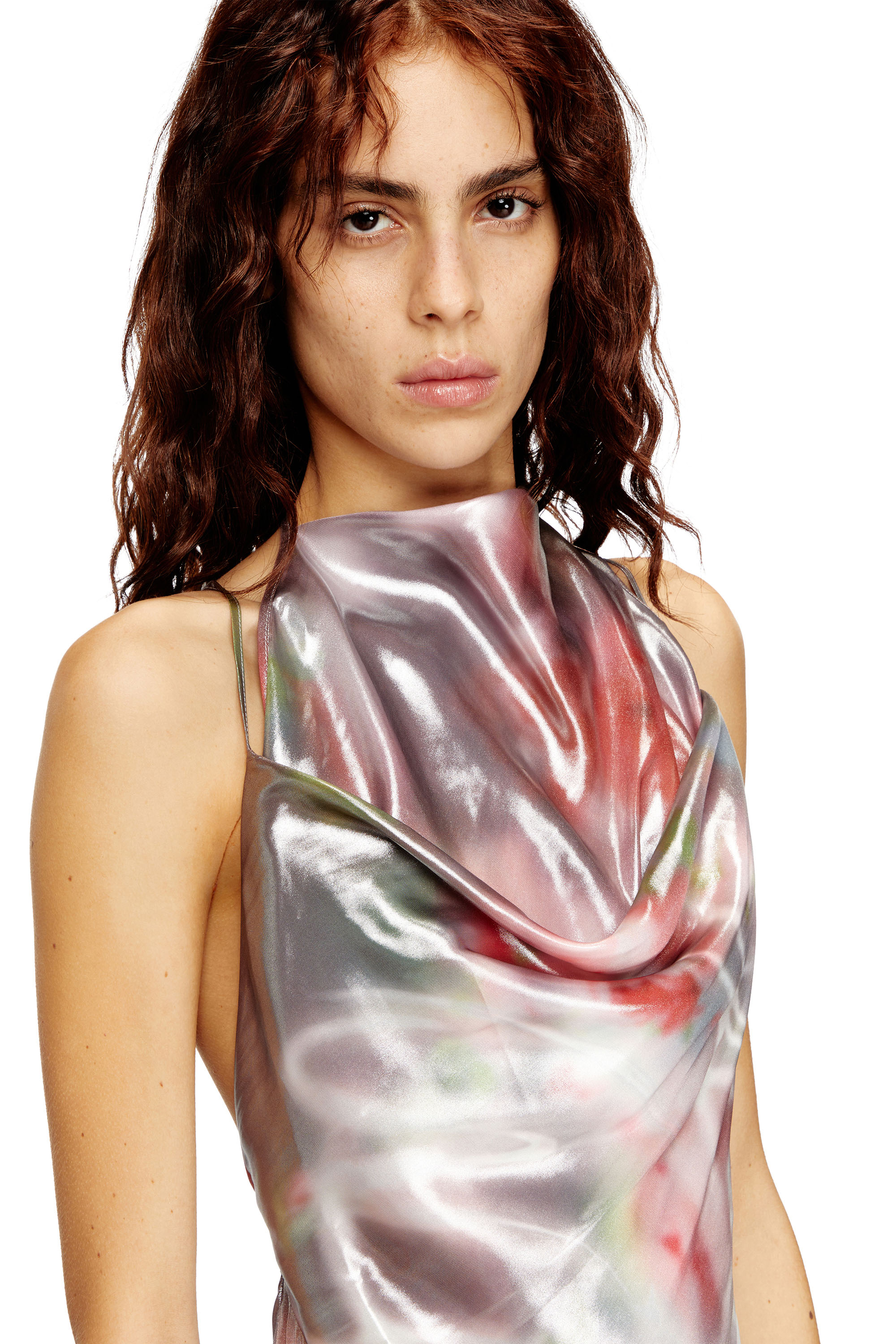 Diesel - D-EBRA, Woman's Metallic midi dress with rose print in Grey/Pink - 5