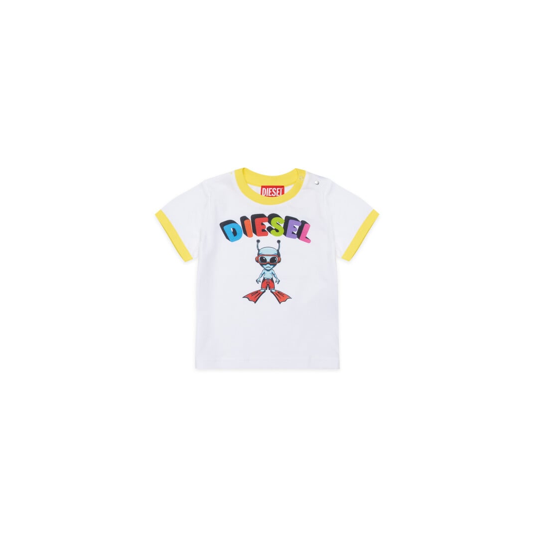 Diesel - T-shirt à col contrastant avec logo alien multicolore - Beachwear - Homme - Blanc