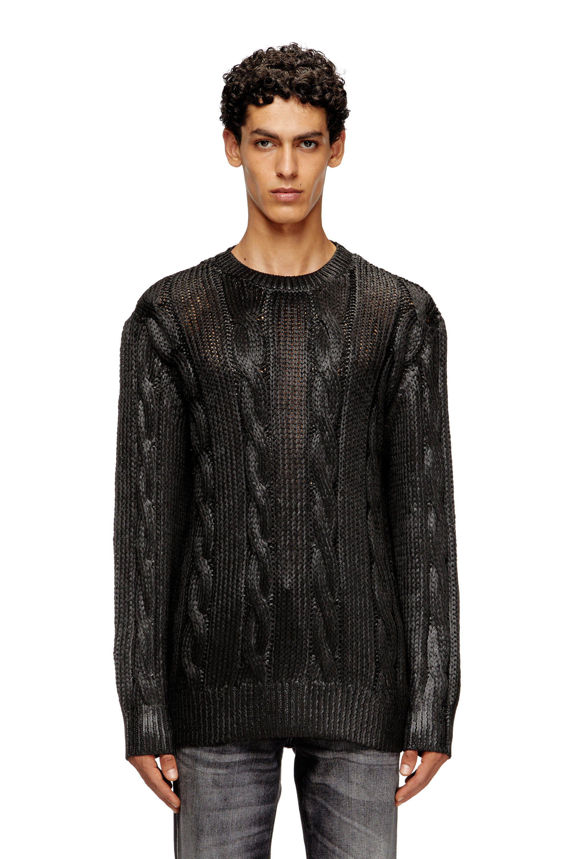 Diesel - K-MICHIU, Man's Cable-knit jumper with shiny effect in Black - 1