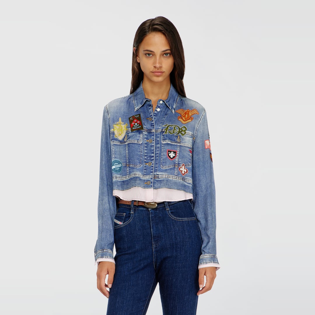 Diesel - Cropped satin shirt with trompe-l'oeil denim print - Shirts - Woman - Blue
