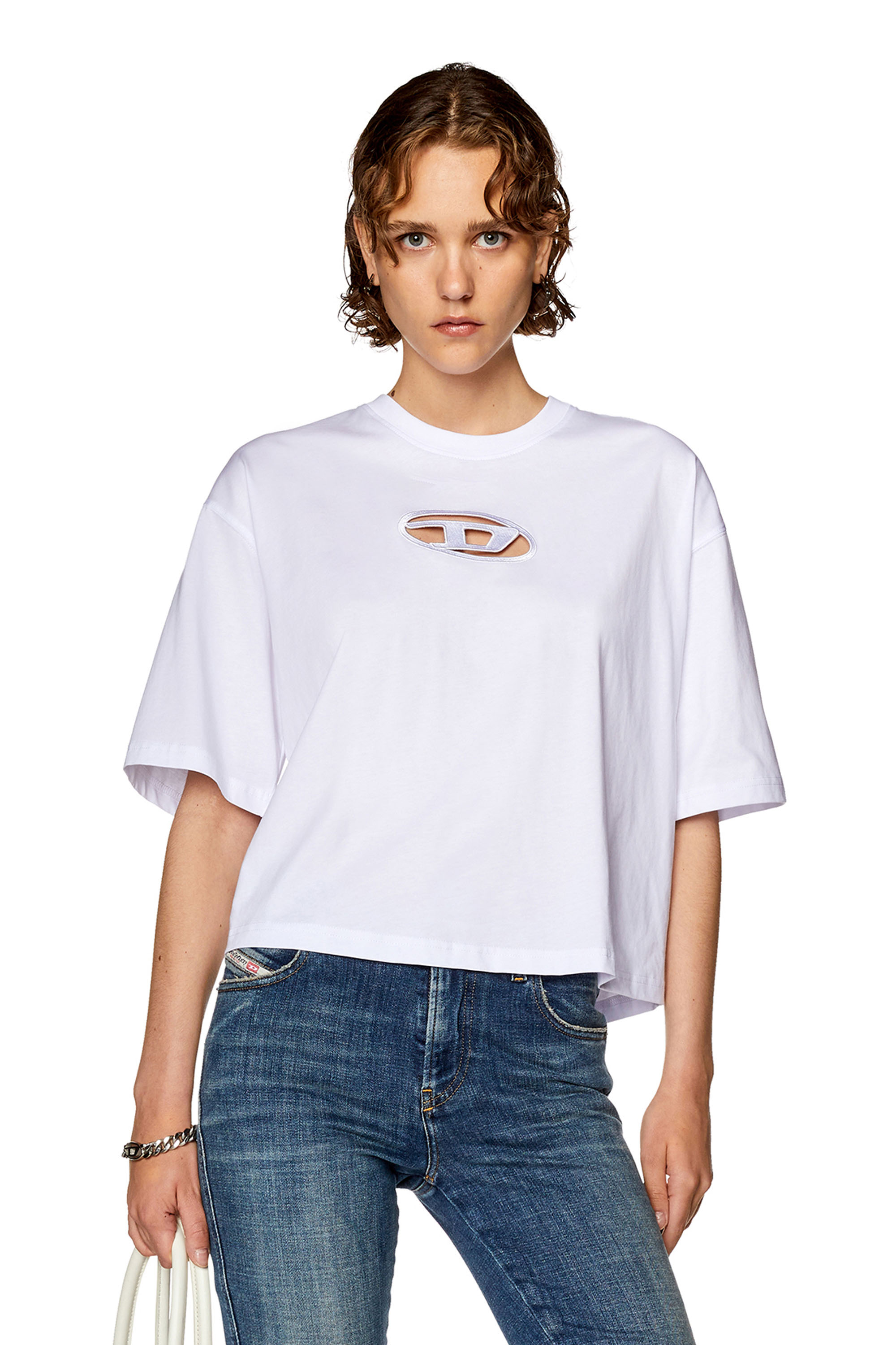 Diesel - T-shirt boxy con D ricamata - T-Shirts - Donna - Bianco