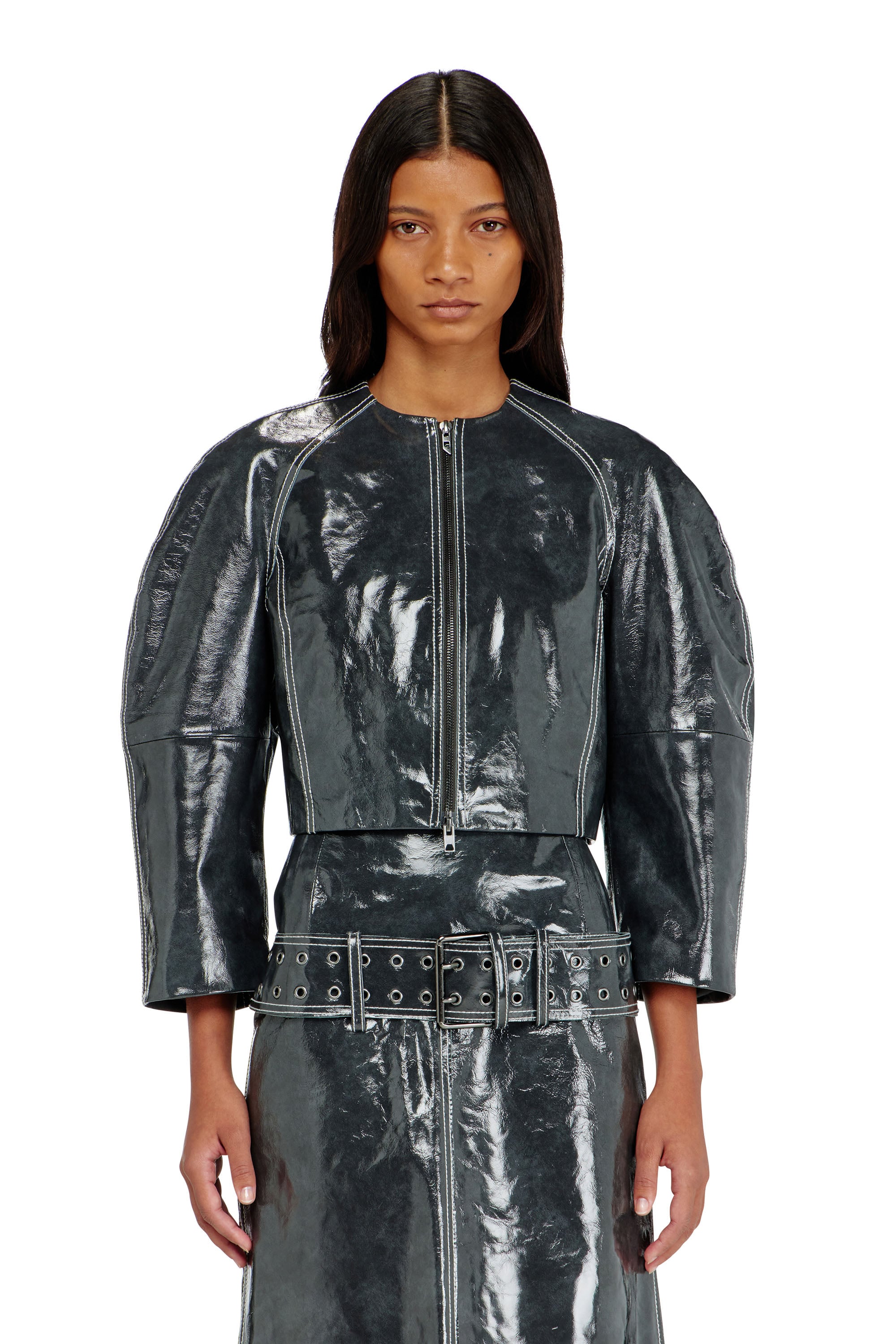 Diesel - Patent-leather jacket with cocoon sleeves - Leather jackets - Woman - Grey