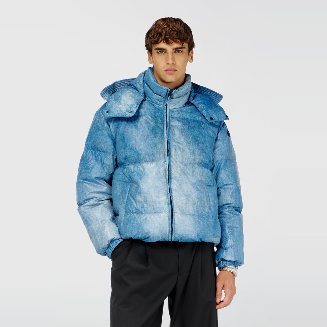 Diesel - Hooded down jacket with denim-effect print - Winter Jackets - Man - Blue