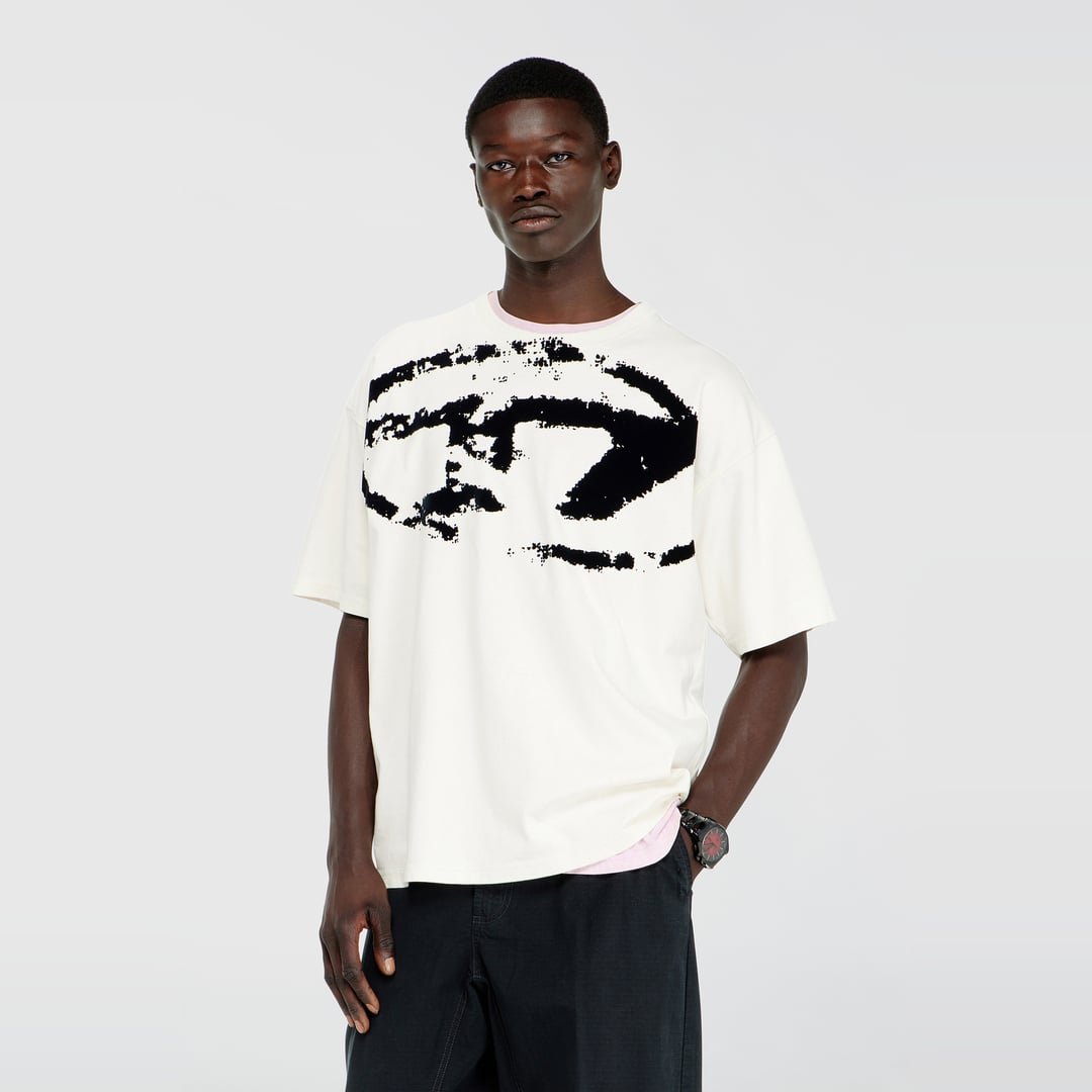 Diesel - T-shirt with distressed flocked logo - T-Shirts - Man - White