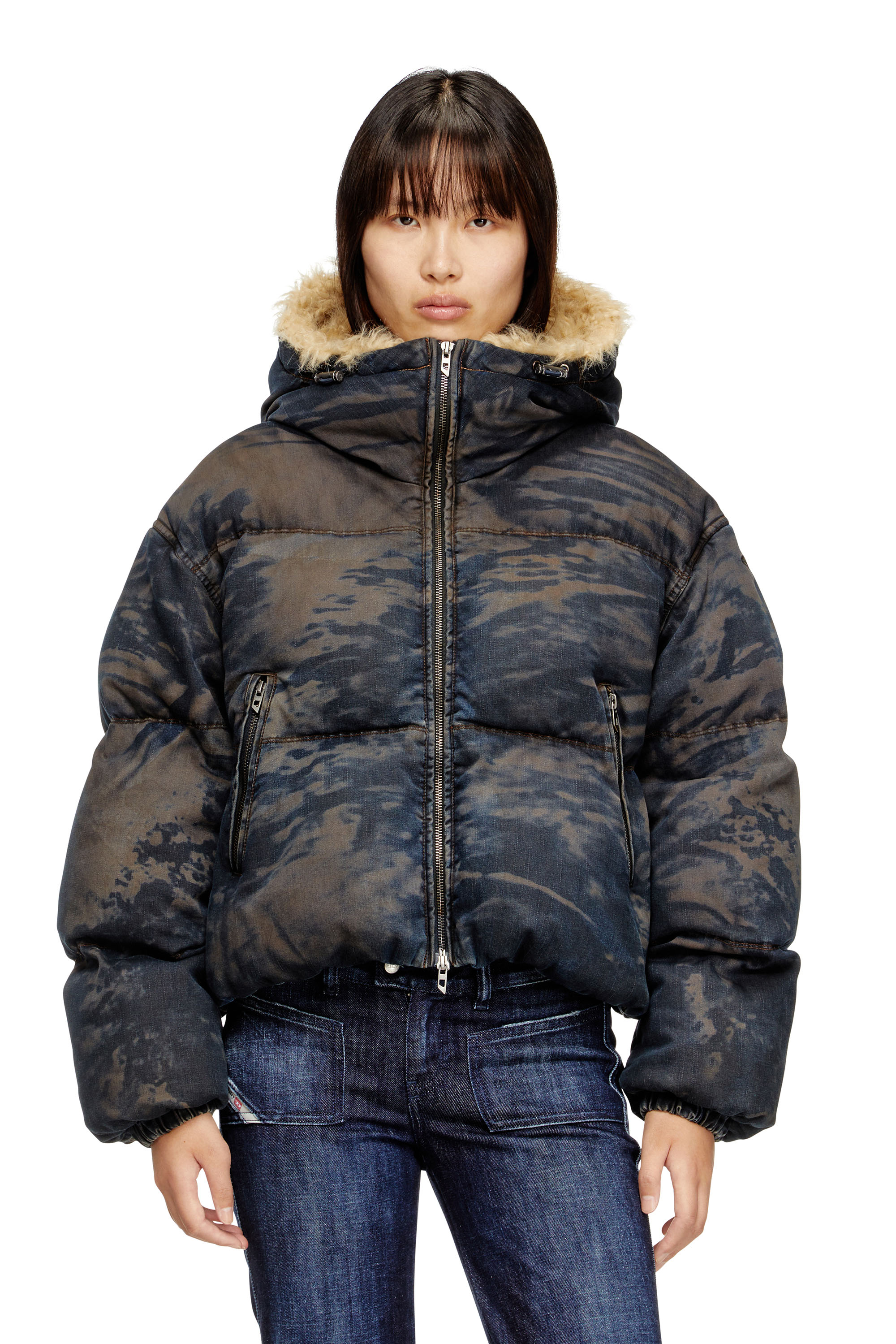 Diesel Mulher Multicolor - Hooded Puffer Jacket In Dirt-Effect Camo Denim - Winter Jackets - Woman Tamanho 44