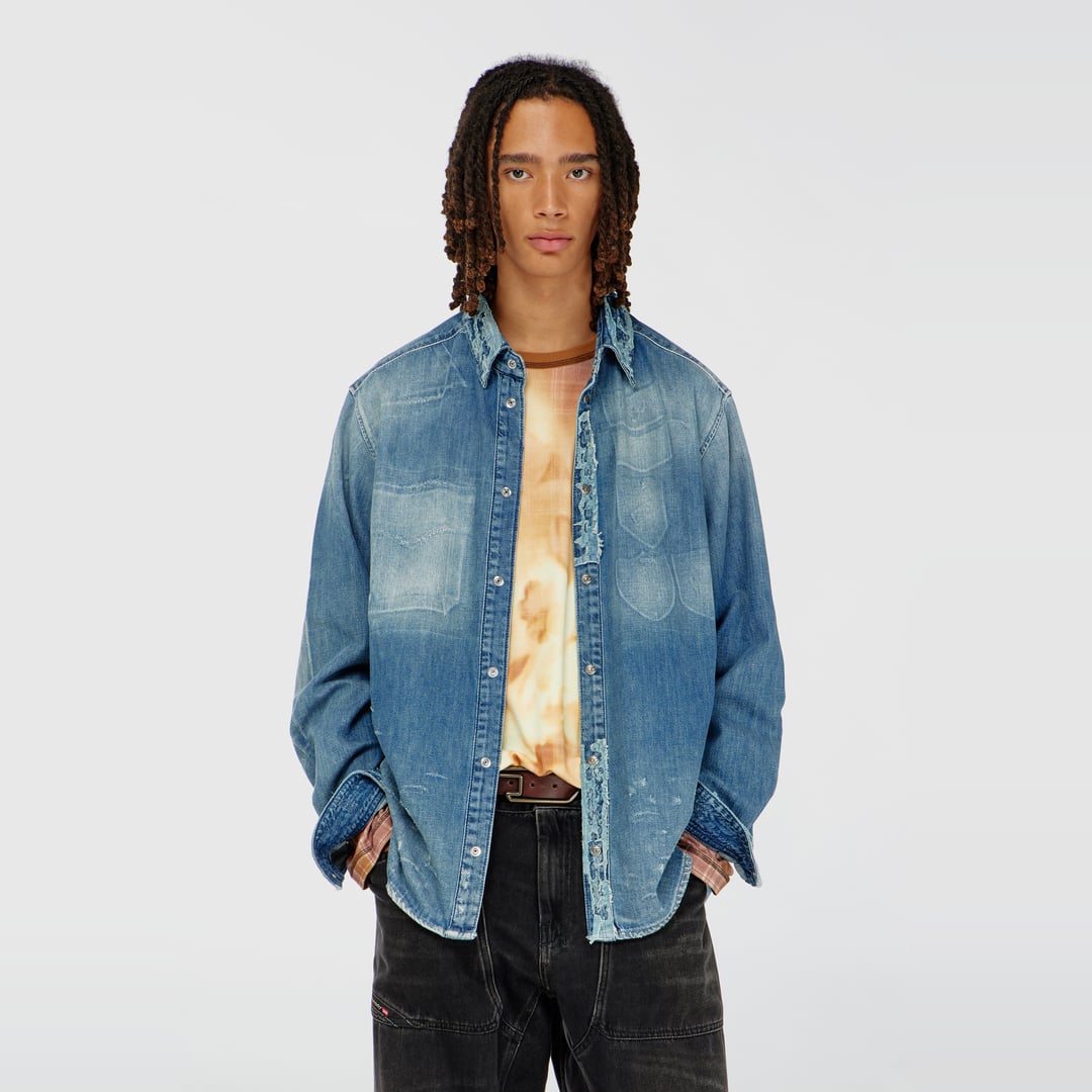 Diesel - Shirt in distressed patch-effect denim - Denim Shirts - Man - Blue