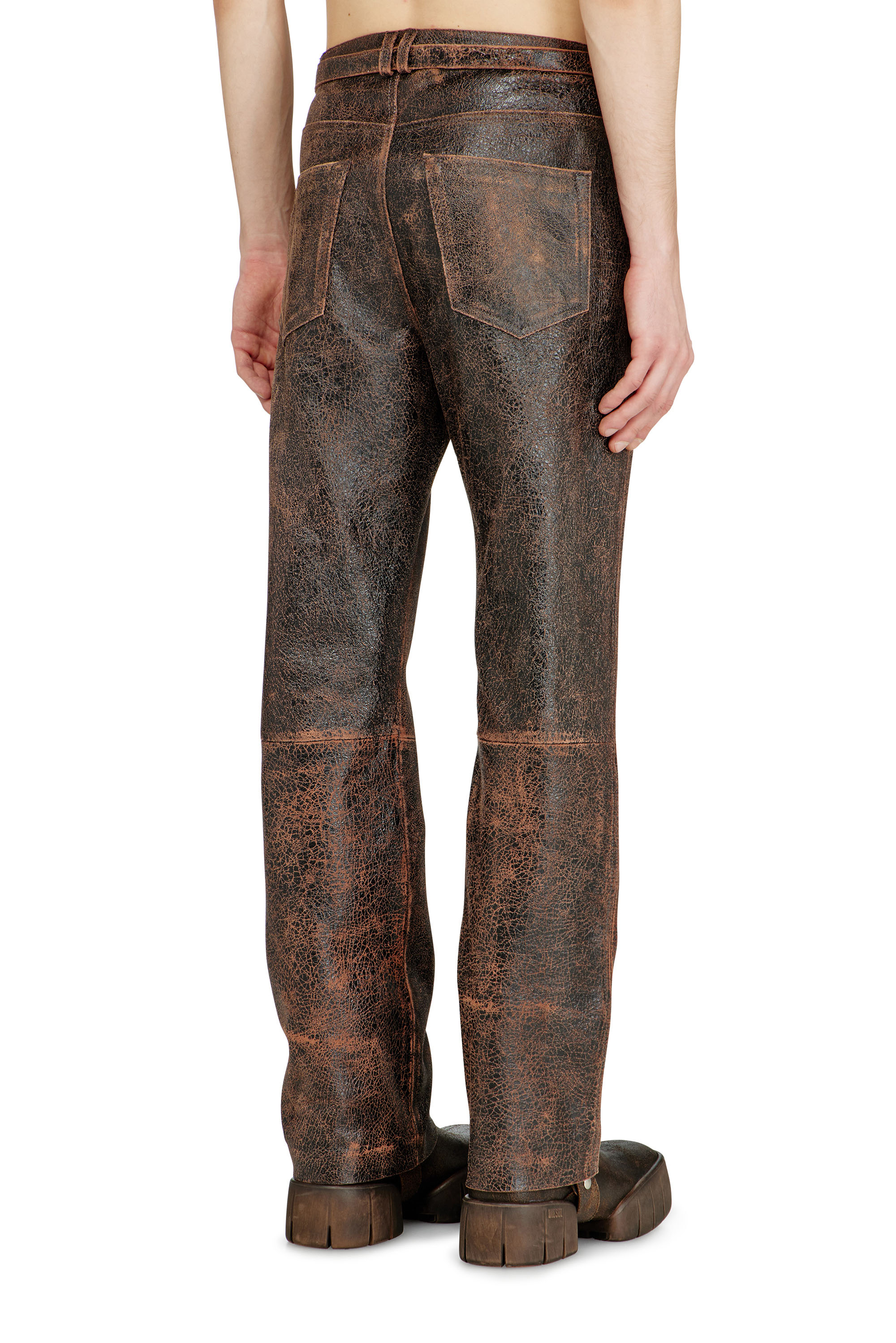 Diesel - P-NURI, Man's Cracked-leather pants with biker strap detail in Brown - 3