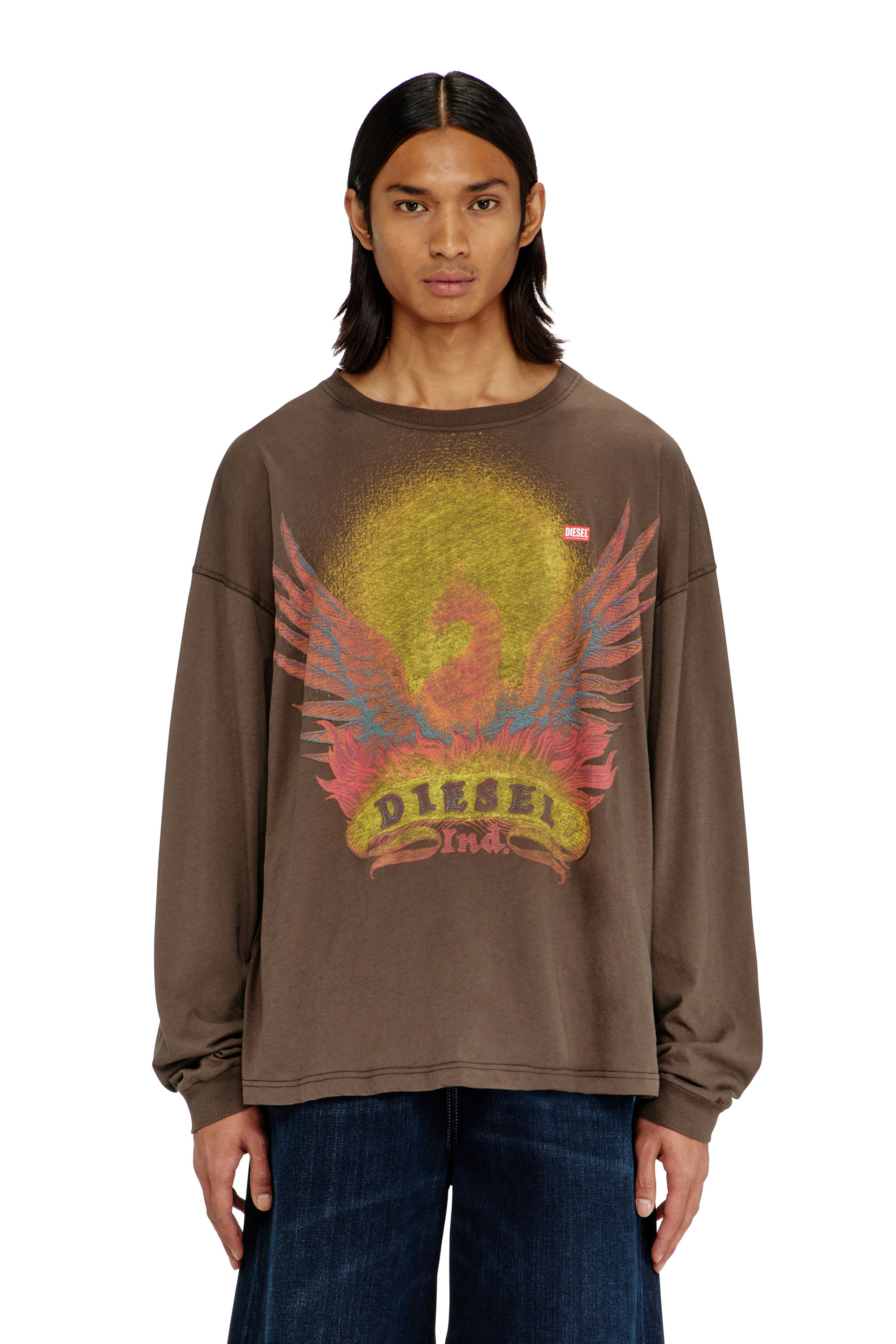 Diesel Men's Brown - Long Sleeve T-Shirt With Phoenix Graphic - T-Shirts - Man Xxl
