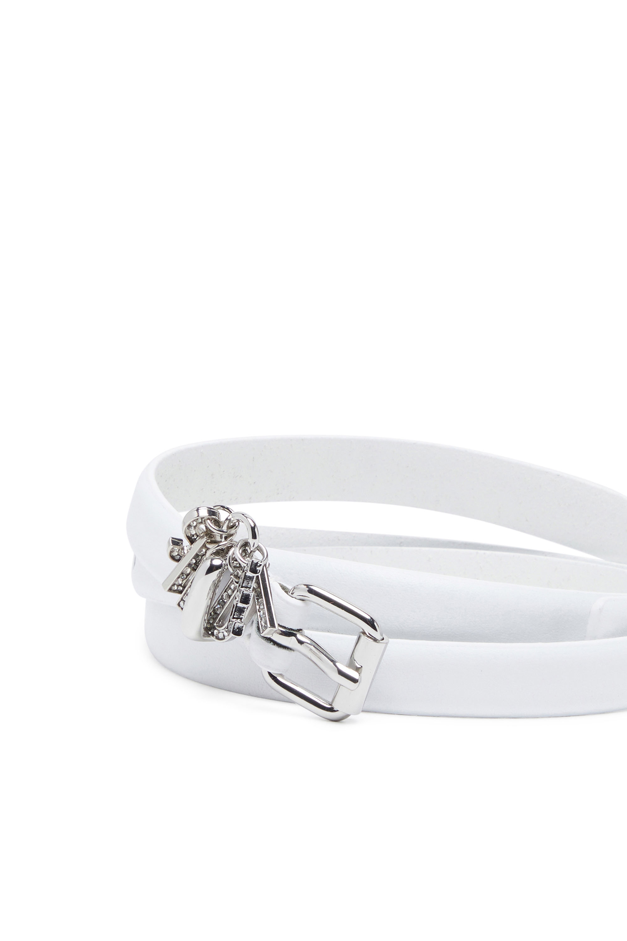 Diesel - B-CHARM-LOOP, Woman's 1.4cm leather belt with crystal logo charms in White - 3