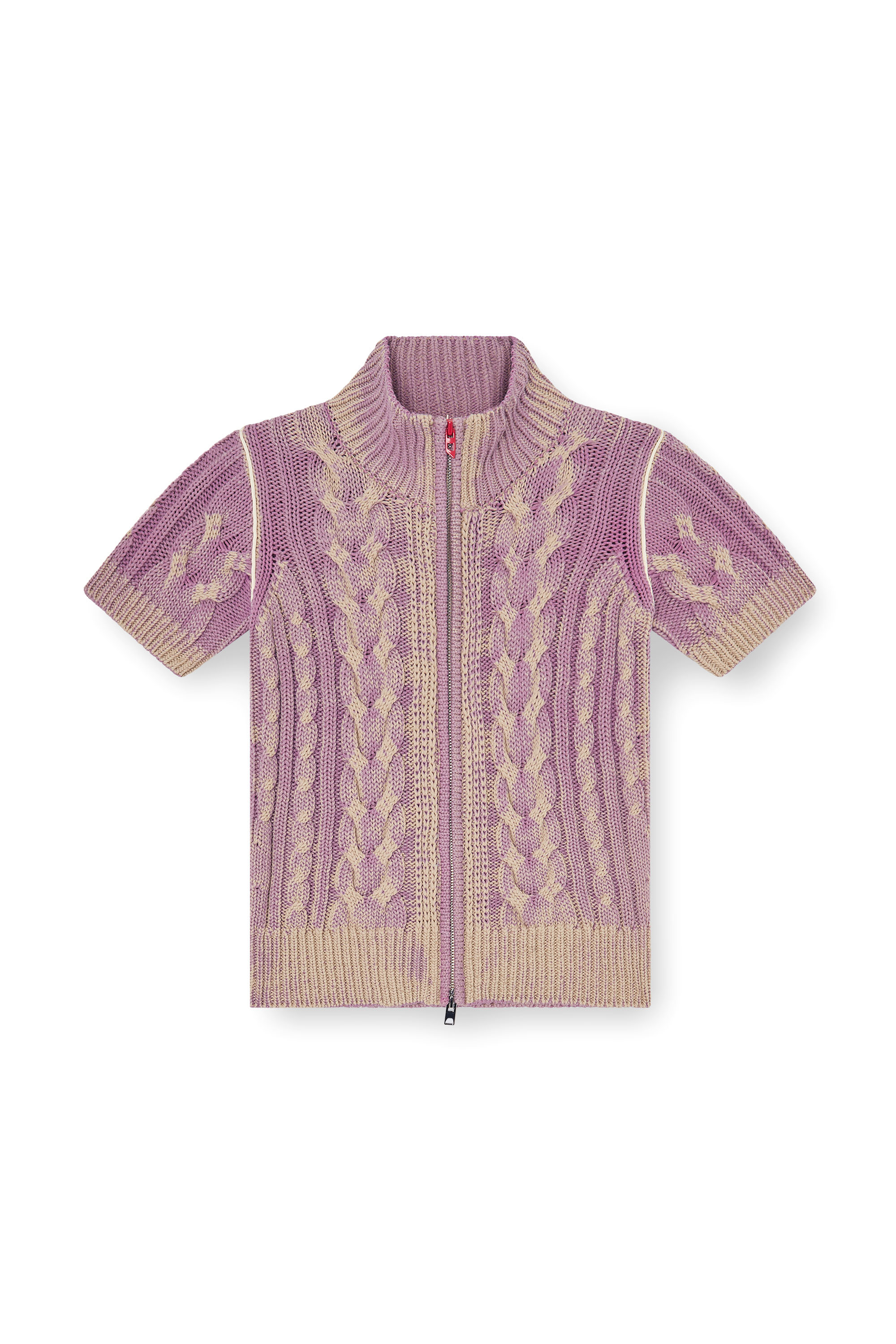 Diesel - M-ELANA, Woman's Short-sleeve zip cardigan in cable knit in Beige/Violet - 2